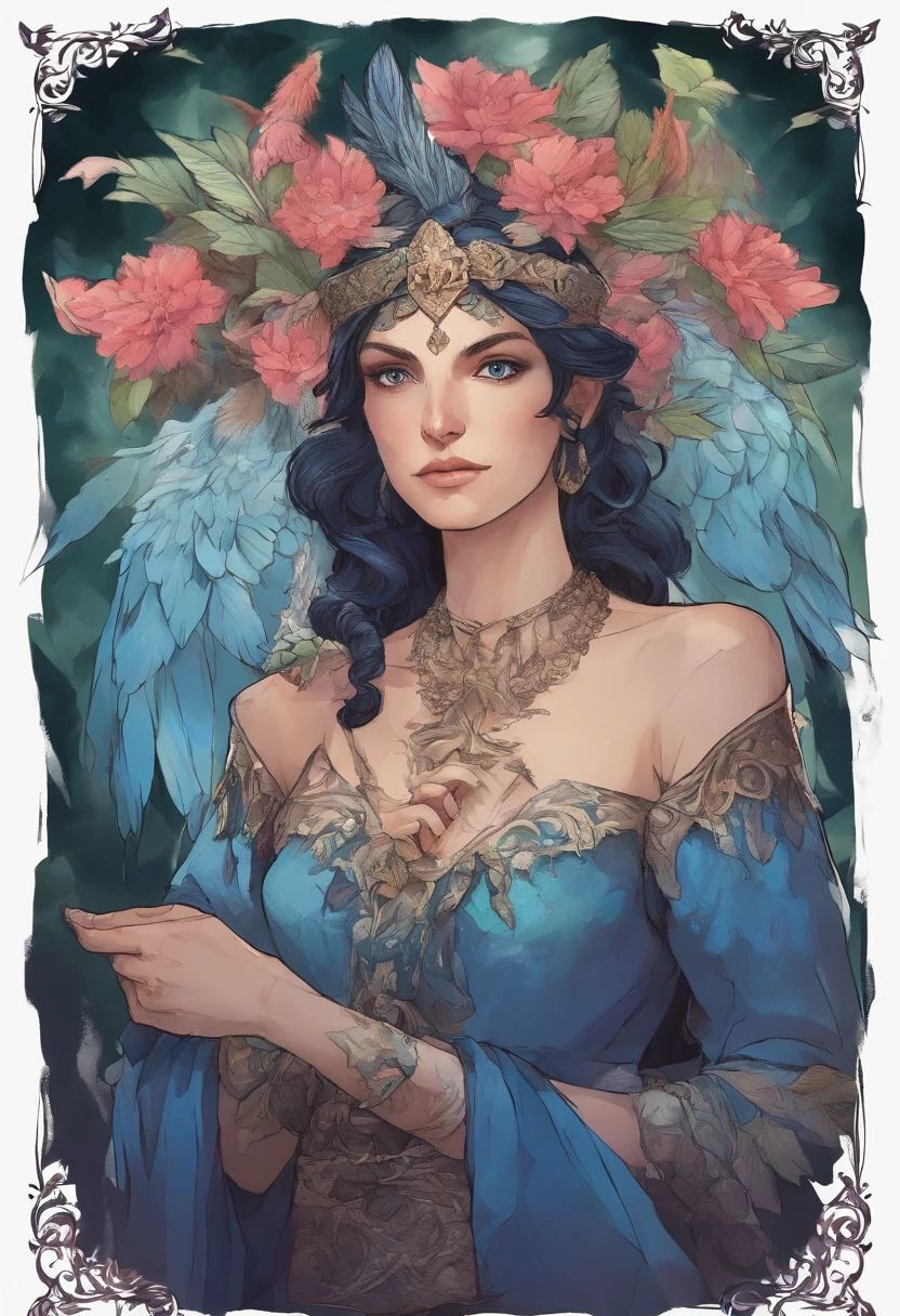 dnd archfey warlock character, feathered siren woman, 25 years, black curly hair, silver blue eyes, blue skin, flower and feathers crown, sleeveless blue tunic, smug face expression, thin lips, black arms tattoos, dark forest background with will-o-wisps, midjourney style