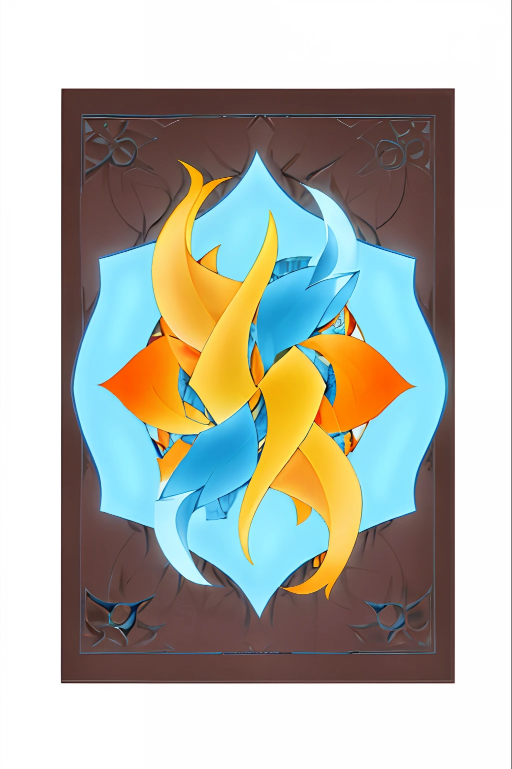 There is a picture of a blue and orange design, fractal tarot card style, symmetrical tarot illustration, symmetrical tarot card, Created in Adobe Illustrator, made in adobe illustrator, tarot design, Center in the panel, Kazakh, tarot design, shield design, made with illustrator, fantasy game spell symbol, symmetrical design, full card design, Vector graphics, book cover