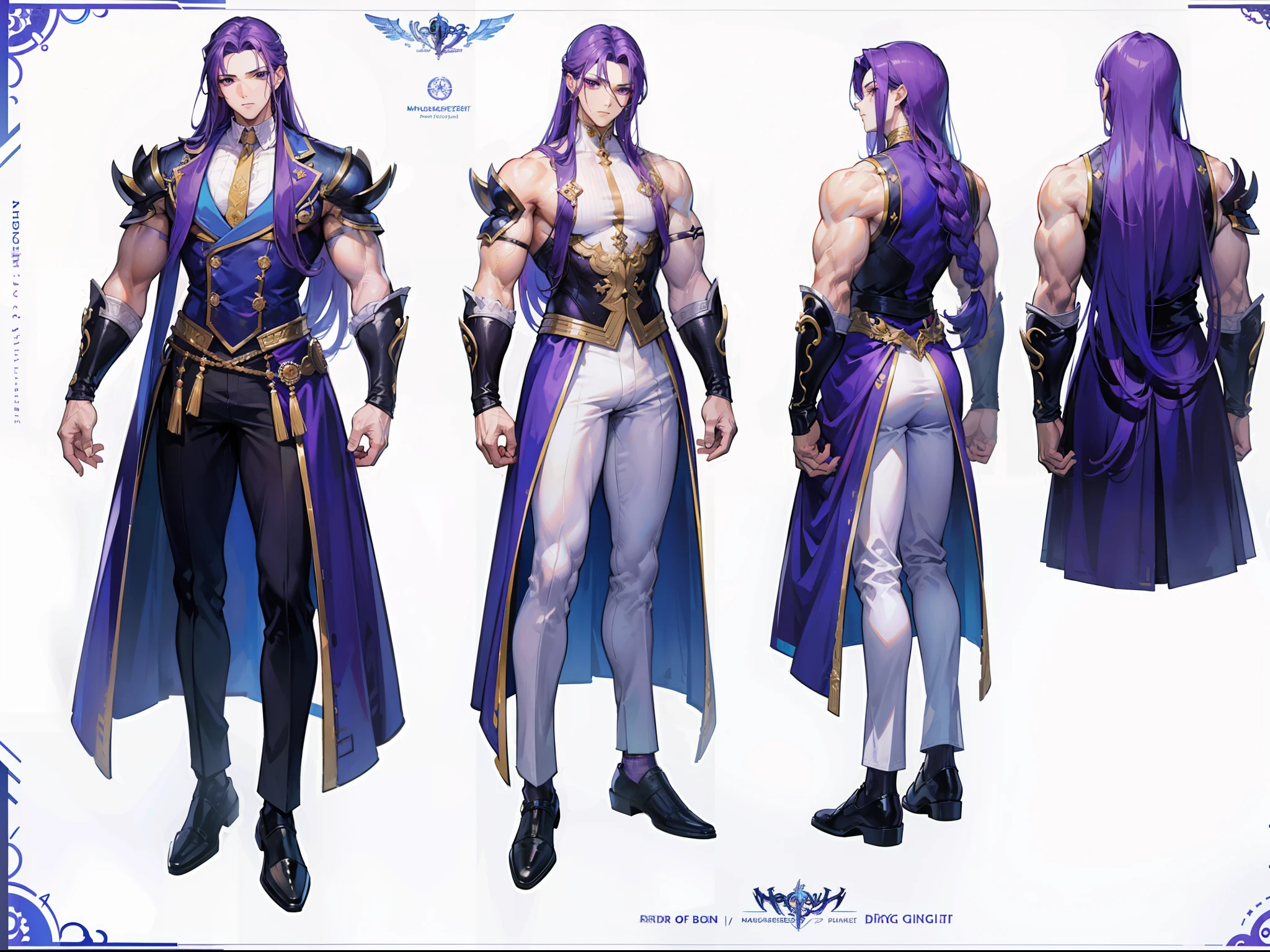 ((Masterpiece, Highest quality)), Detailed face, character design sheet, full bodyesbian, Full of details, frontal body view, back body view, Highly detailed, Depth, Many parts, Muscle boy with long purple hair,handsome man, muscle body, white outfit male gods, man tall