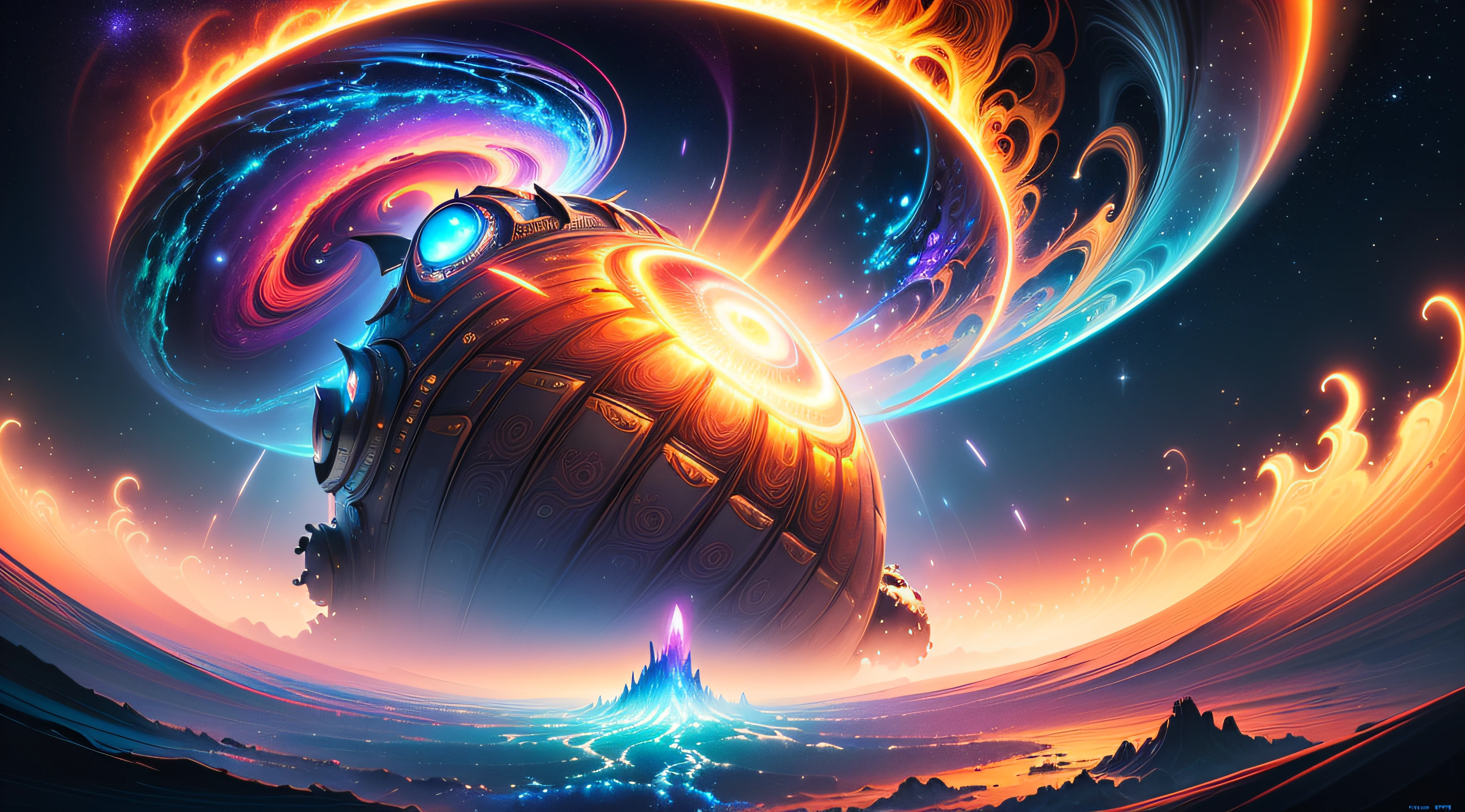 A giant armored warrior sitting on a sun shaped object in the sky and dreaming of electric blackholes, blurry and dreamy illustration, calm night. Digital illustration, Blurred and dreamlike illustration, Amédée Ozenfant, dreamlike illustration, in astral universe)) ), colorful universe surreal ethereal, in cosmic realm, in surreal dreamy landscape, light shadows, waves, multiple layers, Foreground, vista, fractal thunder Dan Mumford, Dan Mumford and Alex Gray style, psychedelic surreal art, surreal psychedelic design, fantasy art style, illusion psychedelic art, infinite psychedelic waves , inspired by Cyril Rolando, real ripple structure, psychedelic art style, psychedelic art, psychedelic illustration -- V6, colorful neon colors.