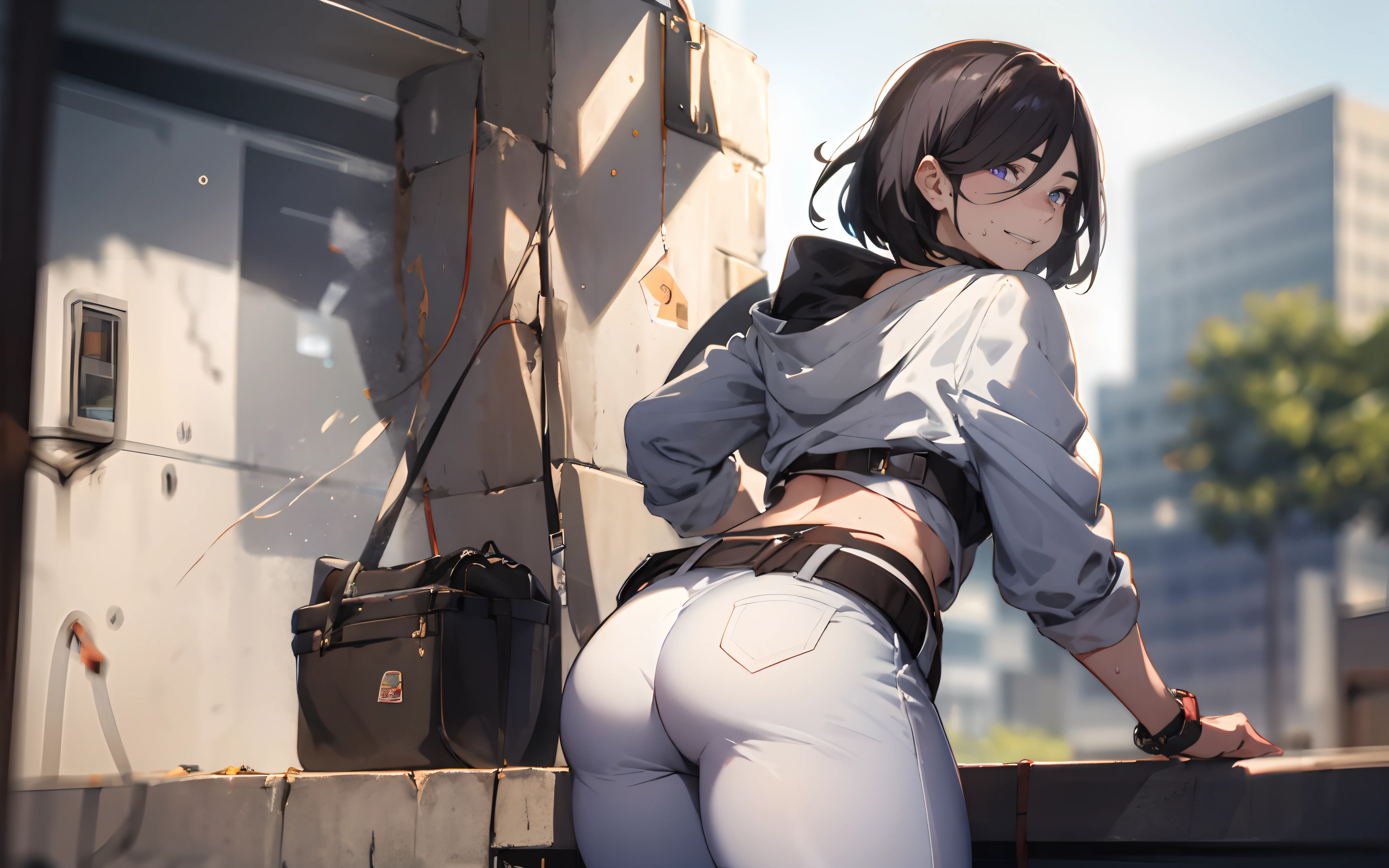 izumi_nase, short hair, black hair, purple eyes, jewelry, neckalce, blurry, ass, 1girl, depth_of_field, solo, blurry_background, looking_at_viewer, looking_back, blurry_foreground, pants, breasts, earrings, jacket, shirt, belt, from_behind, white_shirt, holding, blush, building, outdoors, bangs, thighs, motion_blur, sweat, parted_lips