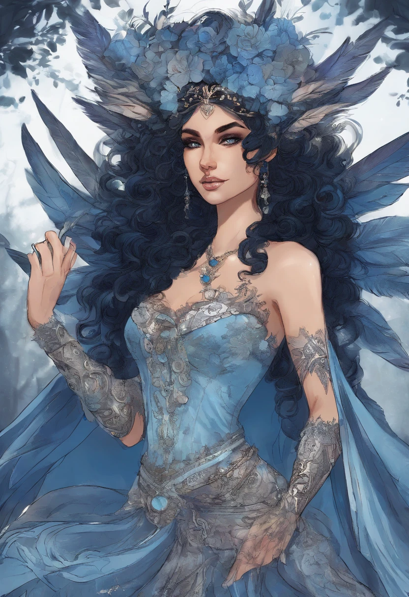 dnd archfey warlock character, feathered siren woman, 25 years, black curly hair, silver blue eyes, blue skin, flower and feathers crown, sleeveless blue tunic, smug face expression, thin lips, black arms tattoos, dark forest background with will-o-wisps, midjourney style