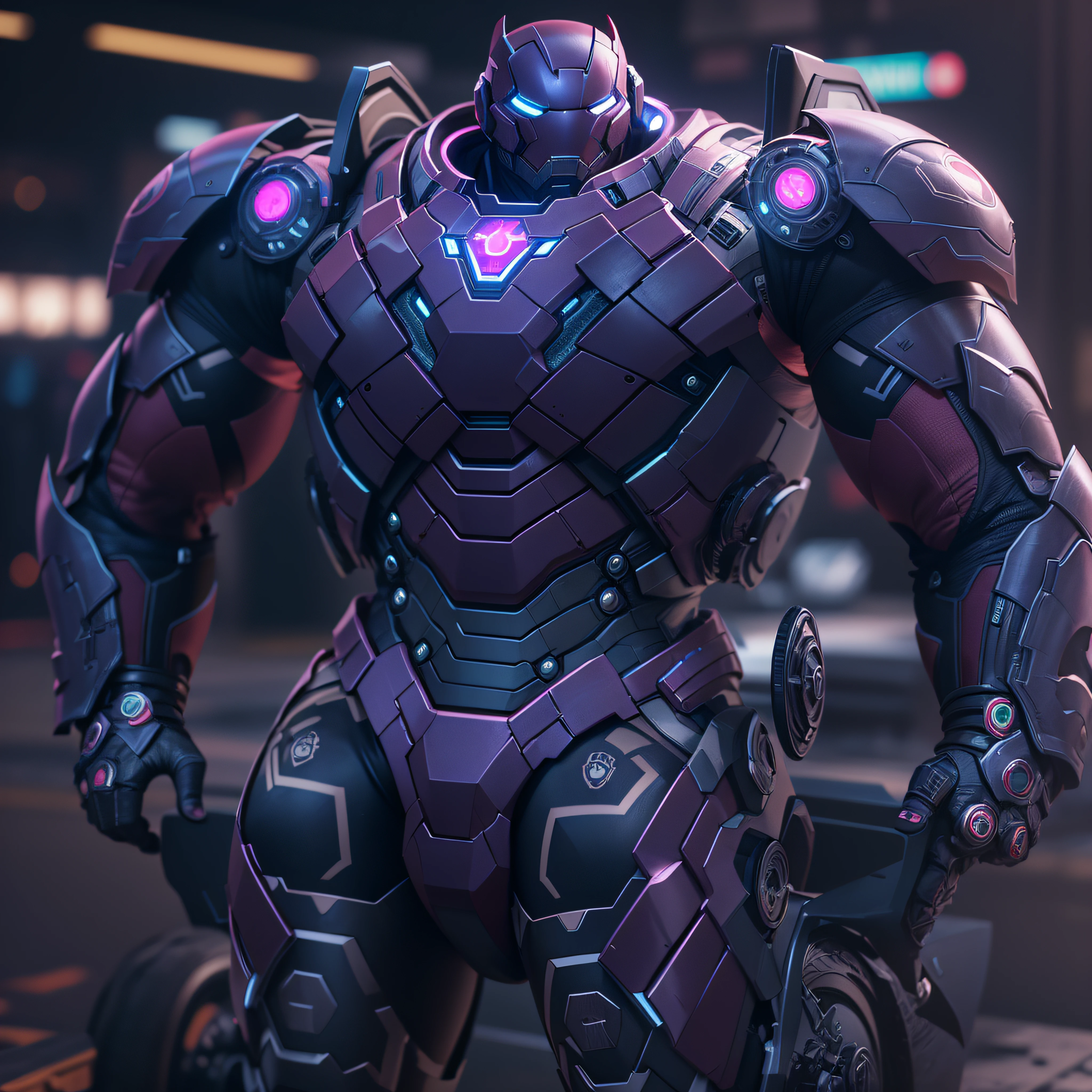 Tony Stark, purple armor with tires, light pink neon, armor-like appearance, photo-realistic, octane render, unreal engine, ultra-realistic