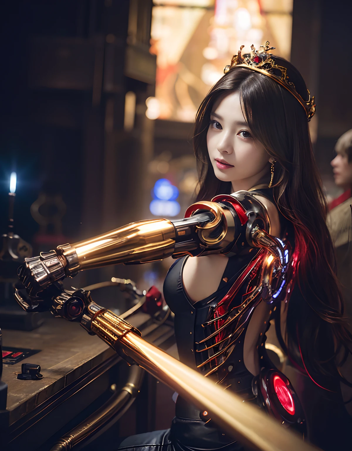 (1 Mechanical Girl)、top-quality、masterpiece、超A high resolution、(Wearing a crown made of jewels),(Photorealsitic:1.4)、Raw photo、女の子1人、Golden hair、glowy skin、(((1 Mechanical Girl)))、(Realistic dragon background)、(Fight big dragons)、With a beautiful knife、(Metal bodysuit)、(Beautiful church background)、Precipitous cliffs、(Small LED)、((super realistic details))、portlate、globalillumination、Shadow、octan render、(One-Eyed Scouter)、8K、ultrasharp、Colossal tits、Raw skin is exposed in cleavage、metals、Details of complex ornaments、Japan details、highly intricate detail、Realistic light、CGSoation Trends、Red Eyes、radiant eyes、Facing the camera、neon details、(Mechanical limbs)、(blood vessels connected to tubes)、Mechanical vertebrae attached to the back、mechanical cervical attaching to neck、(Wires and cables connecting to the head)、Gundam、Small LED、,Mechanical thighs、Toostock、(Hands are also made of machines)、