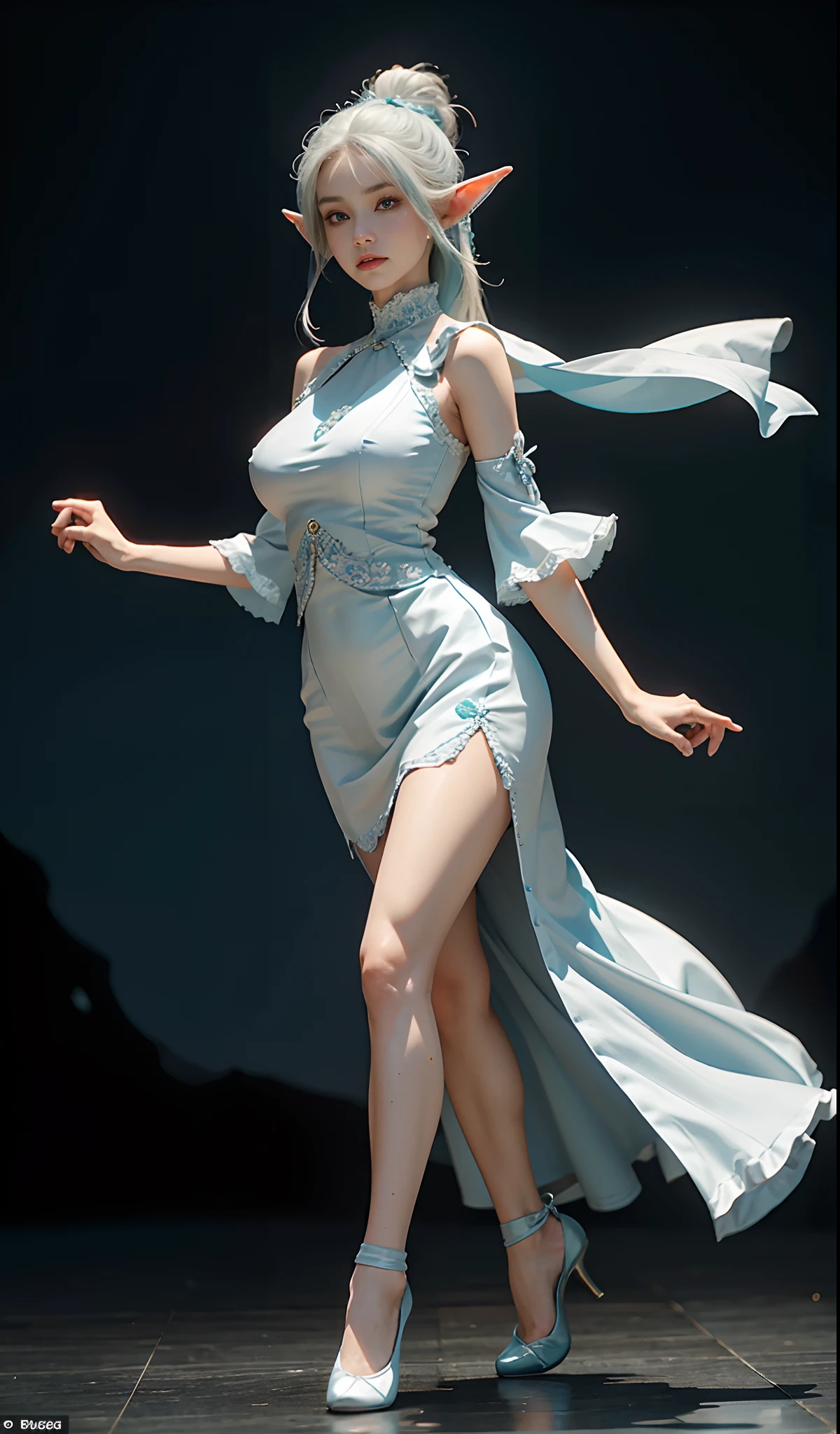 （Extremely normal body：2.0）Gorgeous stage：1 Elf beauty，White crop top top，(Elf long ears)，Light blue ultra-short hair，extra very short hair，A bun，Blue-lace-trimmed maxi dress)，Long blue dress，Skirt that reaches the feet，White short stockings，Ballet shoes，two longer legs，Normal feet ， very detailed eyes and faces， Sharp pupils， realistic pupil， tack sharp focus， cinmatic lighting，full bodyesbian，Bigboobs，long leges，From the front side，dynamicposes，Normal posture，closeup of face