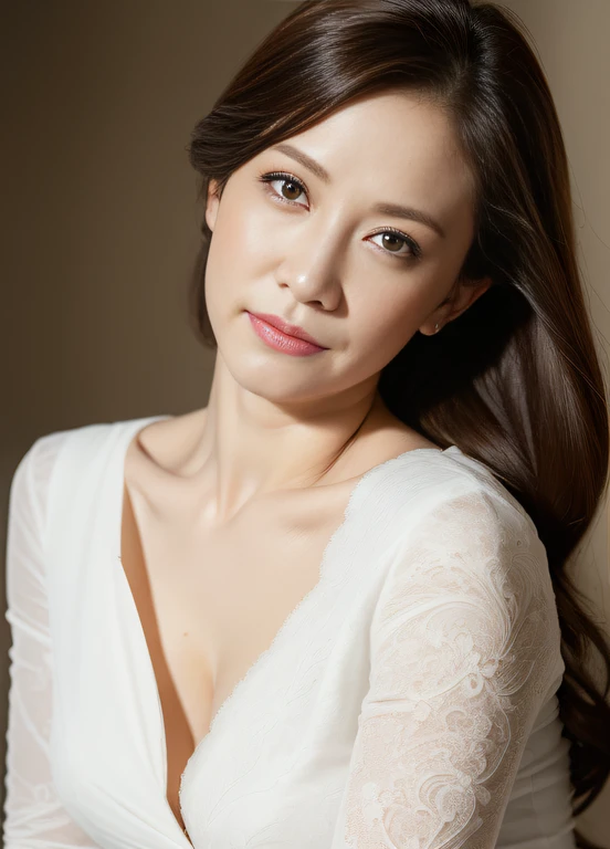 masterpiece,best quality, (one milf), ((portrait:1.5)), ((look down)), makeup, elegant white shirt, touch own chest, ((seduction expression)),