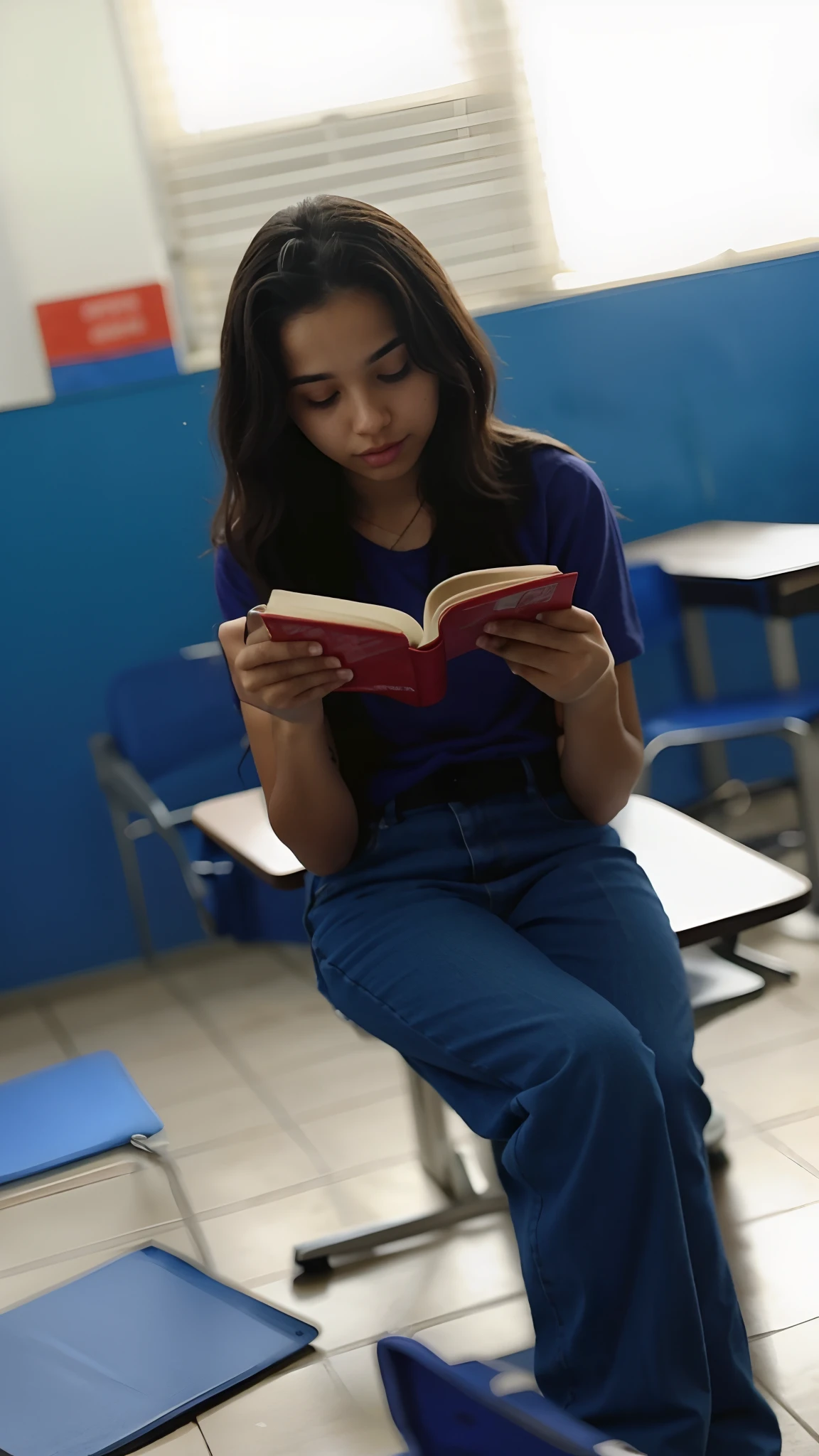 adolescente, jovem, estudante, lendo livro, college, mulher, pele branca, cabelo liso