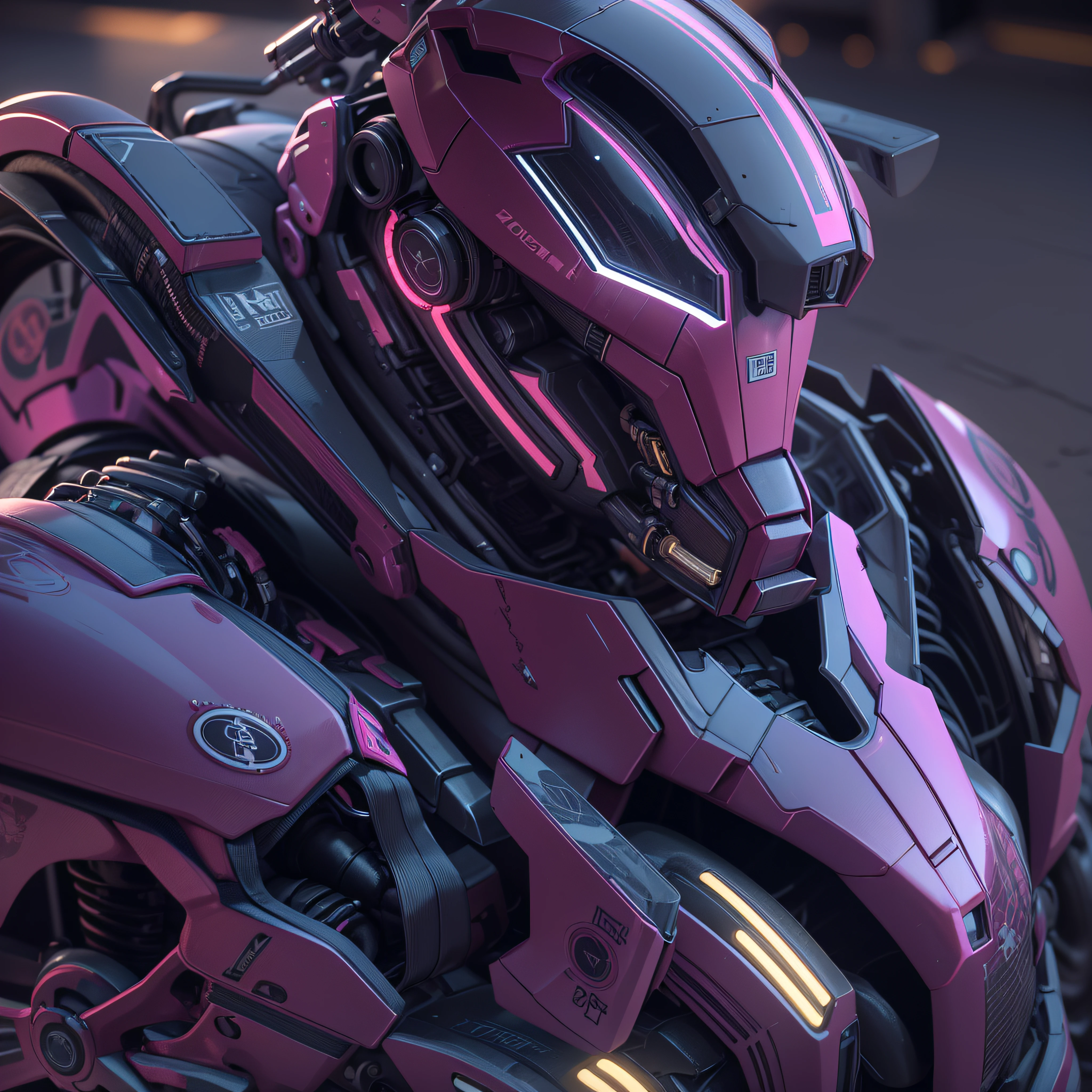 Tony Stark, purple armor with tires, light pink neon, armor-like appearance, photo-realistic, octane render, unreal engine, ultra-realistic