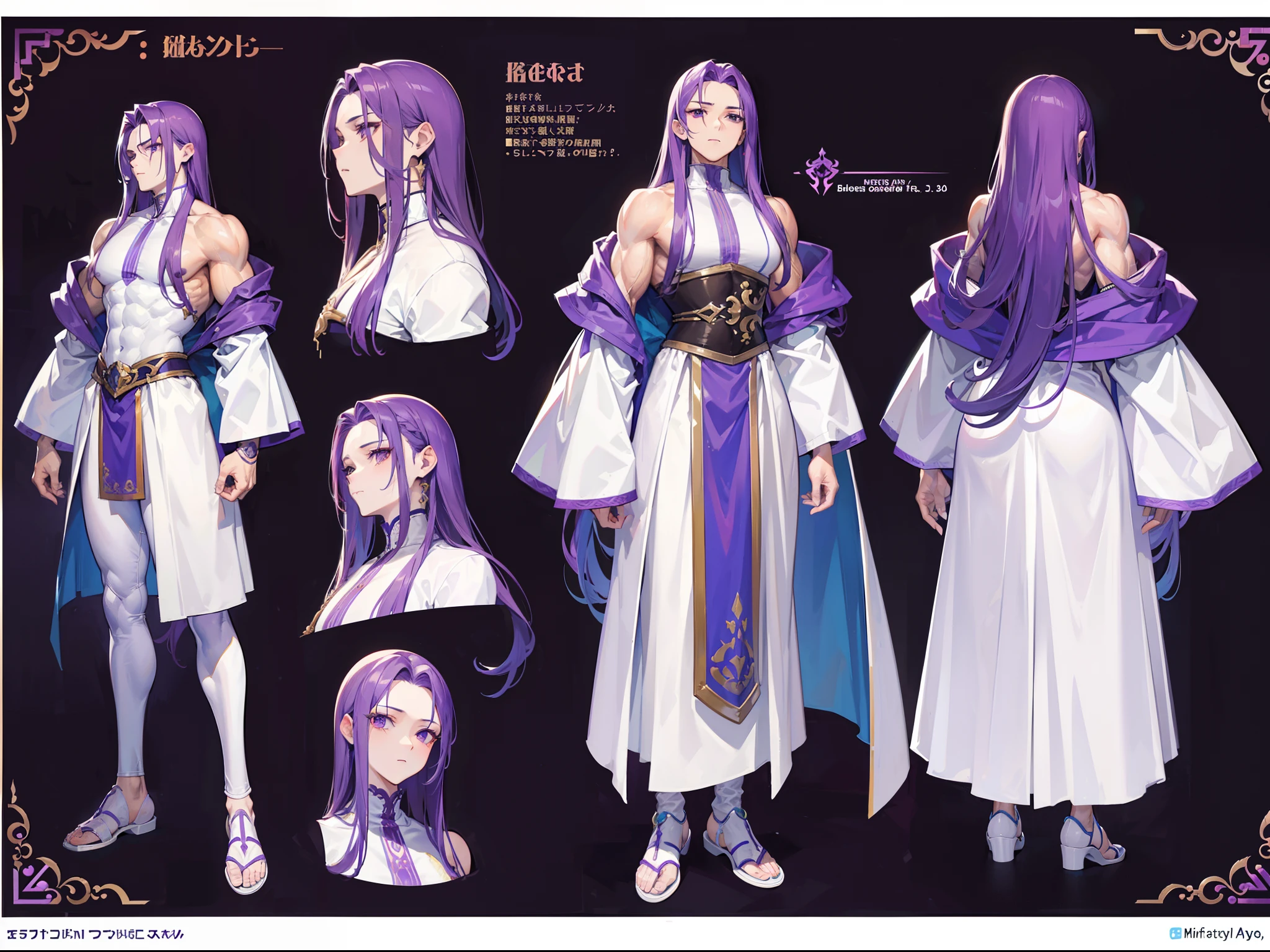 ((Masterpiece, Highest quality)), Detailed face, character design sheet, full bodyesbian, Full of details, frontal body view, back body view, Highly detailed, Depth, Many parts, Muscle boy with long purple hair,handsome man, muscle body, white outfit male gods, man tall