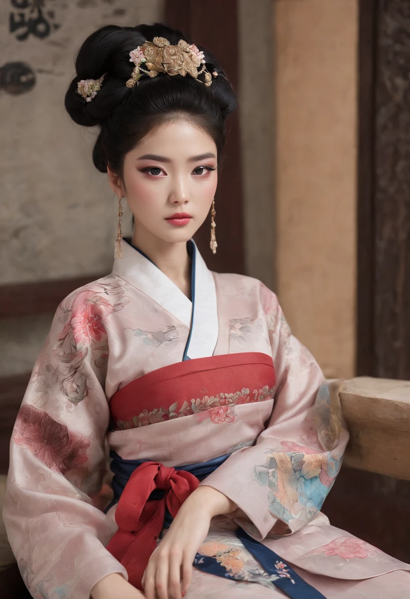 ((Best quality, 8K, Masterpiece :1.3)), Sharp focus :1.2, Korean sexy Barbie.((The king's concubine. Kingdom of Korea. with tattoos)) (Hanbok Korean traditional clothing ). Sleeping on the Bed. Nuances. Sad_mix4, 20 days,hyper realisitc:1.37),16K HD,