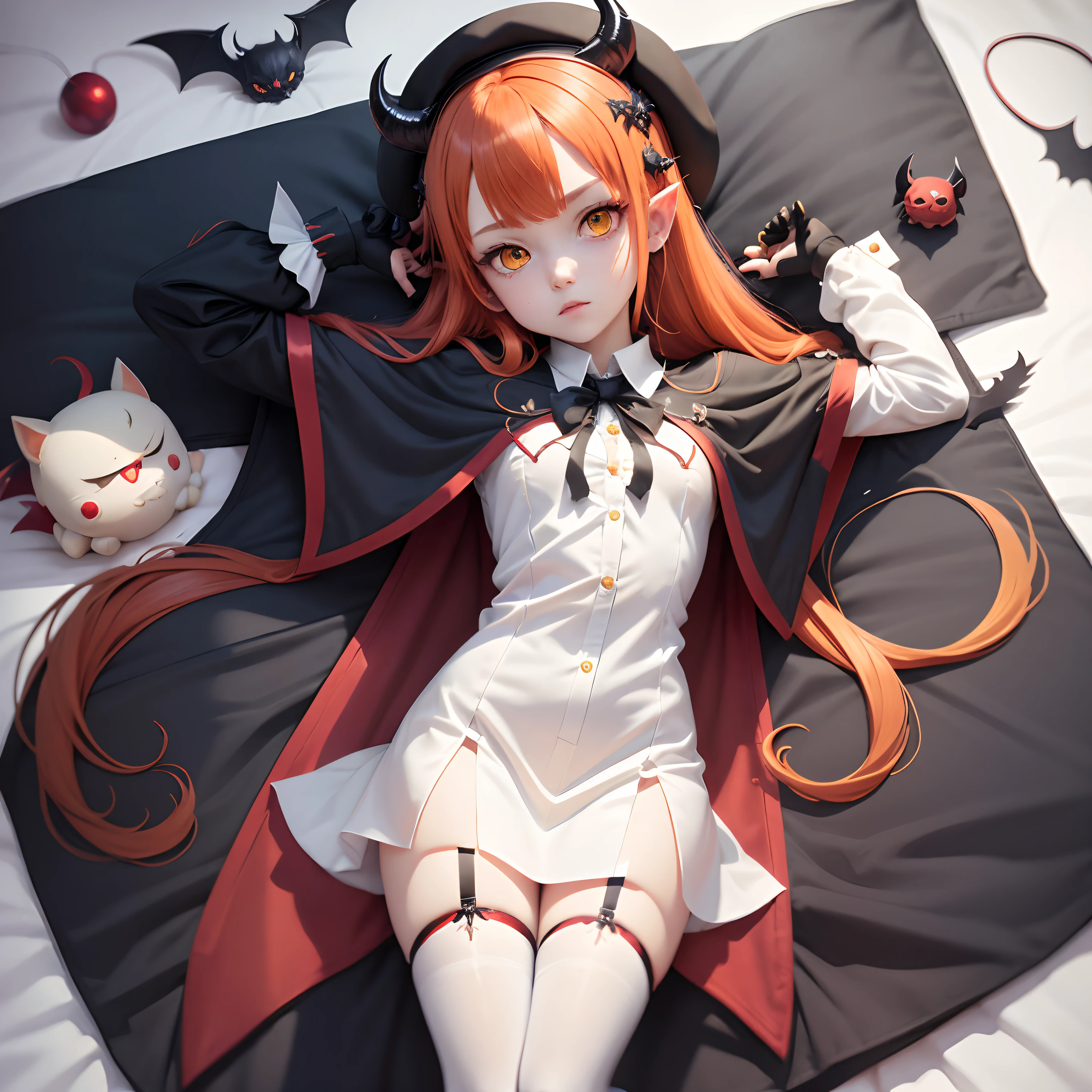 masutepiece, Best Quality, 1girl in, Solo, Yellow eyes, Red hair, Medium chest, Demon Girl, demon tail, Demon Wings, small demonic horns, pointy ear,Twin-tailed, Bat hair ornament, Cape, White shirt, White legwear, stuffed toy, plushies, beret, gloves, Bangs, hat,fullnude,All ,(Soft skin texture),Open your crotch,take bath,taking shower,enter hot spring,,urinate,Foam on the body,Sex in bed,Open the crotch,White foam flows out of the crotch,Gel bukkake,pissing,AHE Face,Open your crotch and press it against the camera,