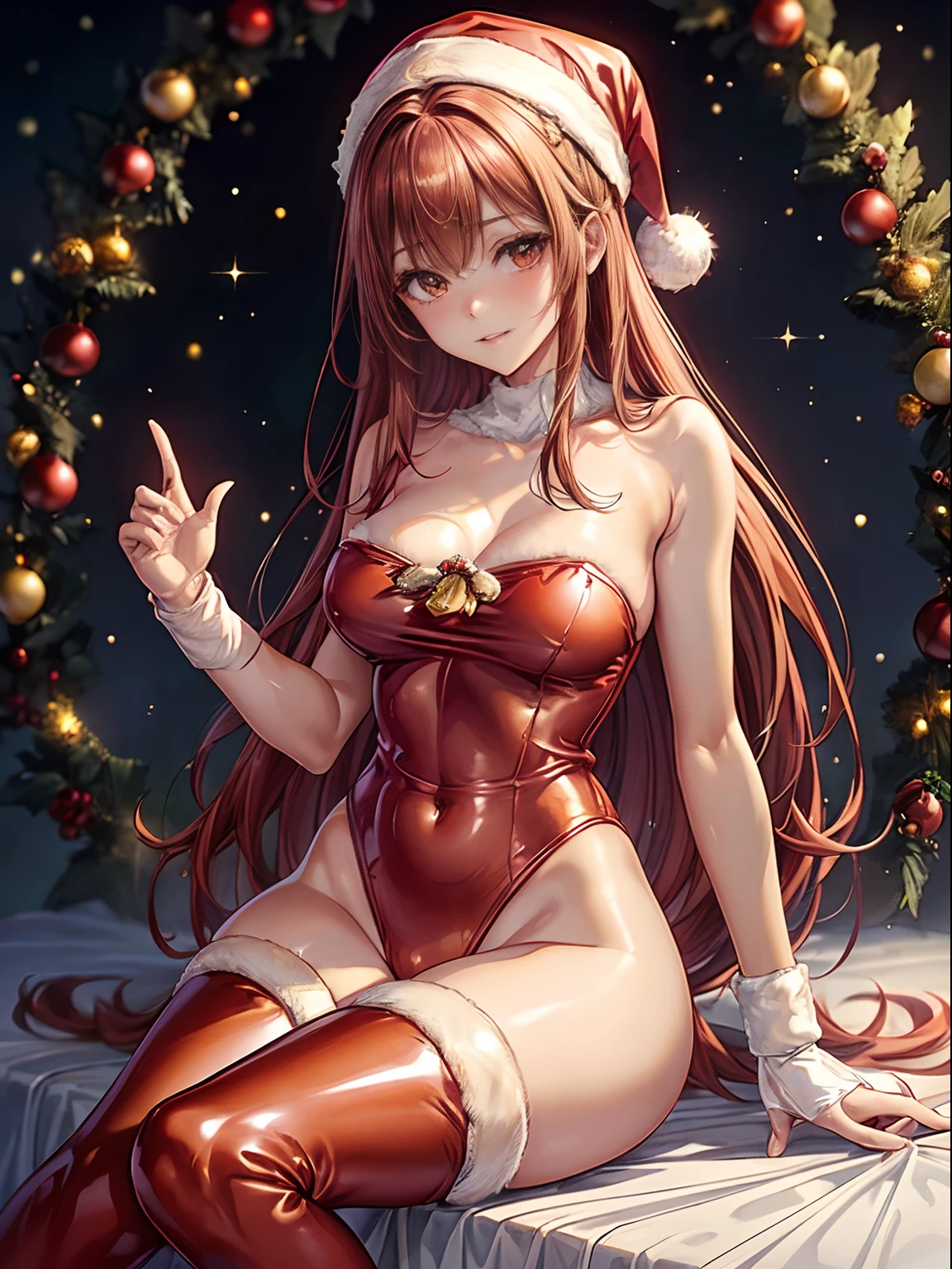 top-quality、Full limbs、complete fingers、Slender beauty、straight haired、Red hair、Beautiful Large Breasts、(Detailed ultra-oily shiny skin:1.1)、oily shiny thighhigh、(Perfect bright red Santa Claus leotard:1.3)、((White High Socks))、Wearing a Santa Claus hat、((Wearing a Santa Manto))、Beautiful、cross one's legs