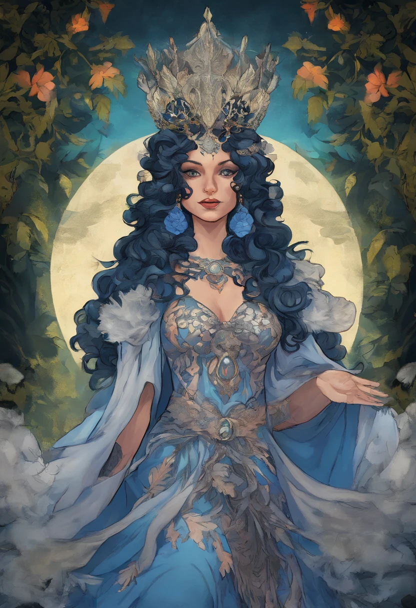 dnd archfey warlock character, feathered siren woman, 25 years, black curly hair, silver blue eyes, blue skin, flower and feathers crown, sleeveless blue tunic, smug face expression, thin lips, black arms tattoos, dark forest background with will-o-wisps, midjourney style