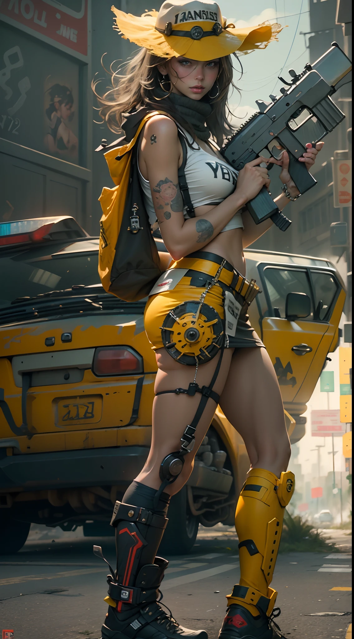 a woman in a yellow dress holding a gun, gta 5 loading screen poster, gta v loading screen art, by Patrick Brown, gta v artwork, gta v art, rockstar games art, gta 5 artwork, ariana grande in gta v, style of gta v artworks, gta loading screen art, art gta 5 comics, gta art