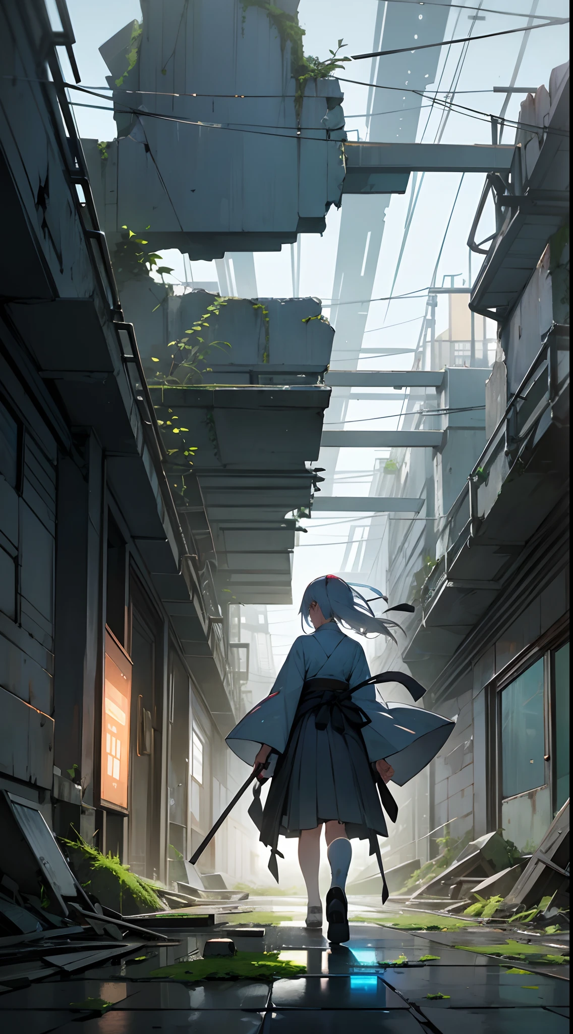 Japanese Anime White-haired Girl Walking Cyberpunk Moss Ruins Broken glass Stone Tiles Glowing Objects Movie Light