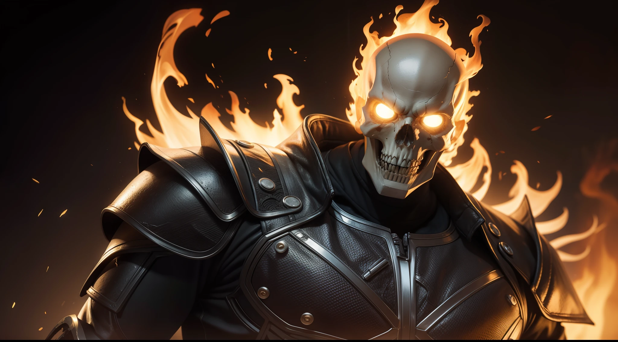 Ghost Rider from Marvel Comics, CGI with clear focus, Photorealistic, high detail, Realistic, Masterpiece, absurdress, Best Quality, HDR, hiquality, hight resolution, Extremely detailed, 8k wallpaper, intricate details, 8K UHD, Full-HD, (foto realista:1.2), Contrast, sharp lighting, Cinematic lighting, natural lighting, hard light, Backlighting, Global Illumination, Environment Occlusion