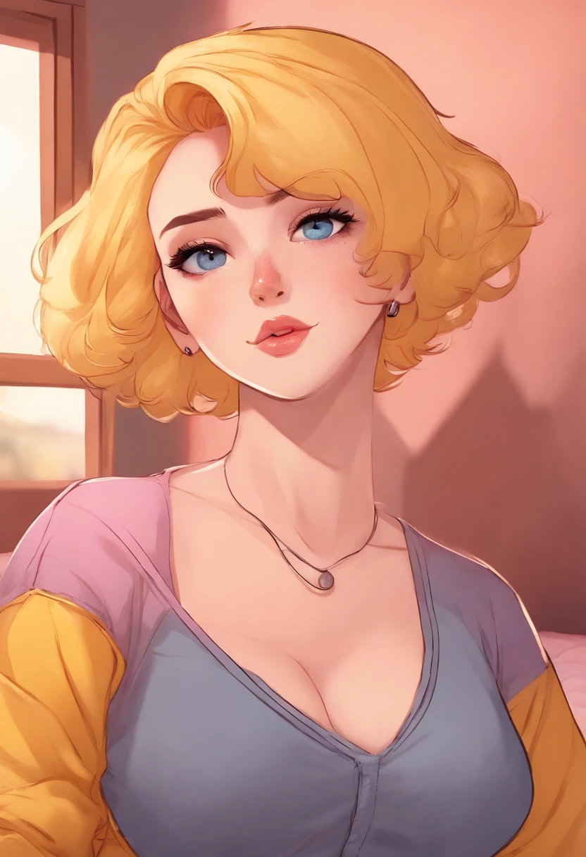 1female, female focus, short, pouting expression, pink fluffy hair, light orange skin, jeans pants, yellow shirt, pink sweater, sweater unzipped, looking at viewer, top down view, blue gray eyes, bedroom background, closeup, sci fi background, wool leotard, crop top