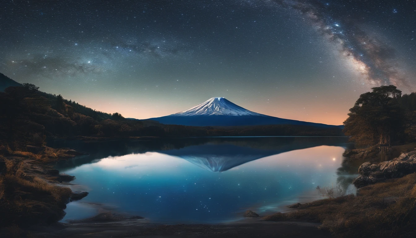 Master Parts、Superior Quality、superior image quality、The 8k quality、Beautiful pictures of the starry sky、magnifica、Arched Milky Way:1.9、Mt fuji、Blue glowing lake:1.9