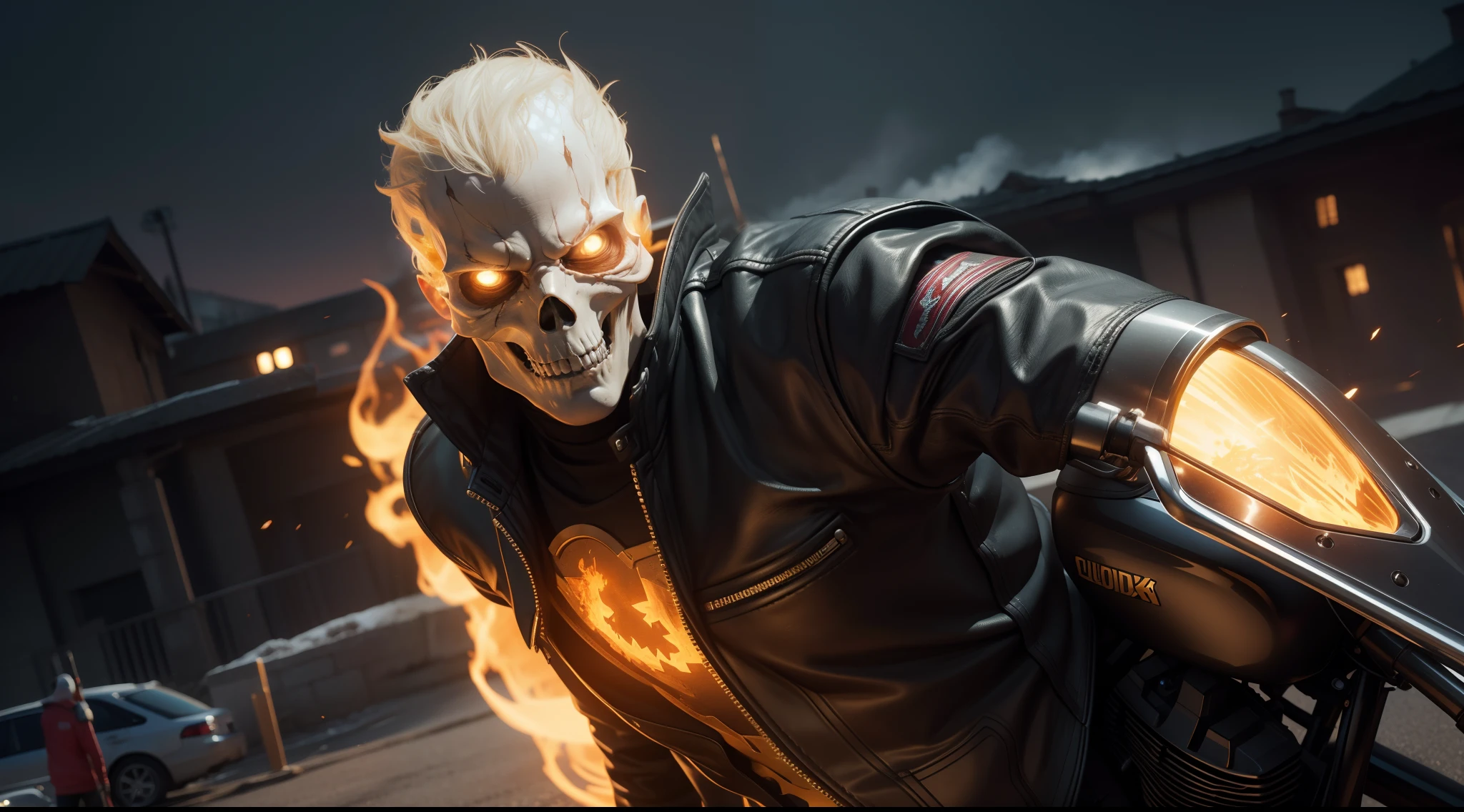 Ghost Rider from Marvel Comics, CGI with clear focus, Photorealistic, high detail, Realistic, Masterpiece, absurdress, Best Quality, HDR, hiquality, hight resolution, Extremely detailed, 8k wallpaper, intricate details, 8K UHD, Full-HD, (foto realista:1.2), Contrast, sharp lighting, Cinematic lighting, natural lighting, hard light, Backlighting, Global Illumination, Environment Occlusion