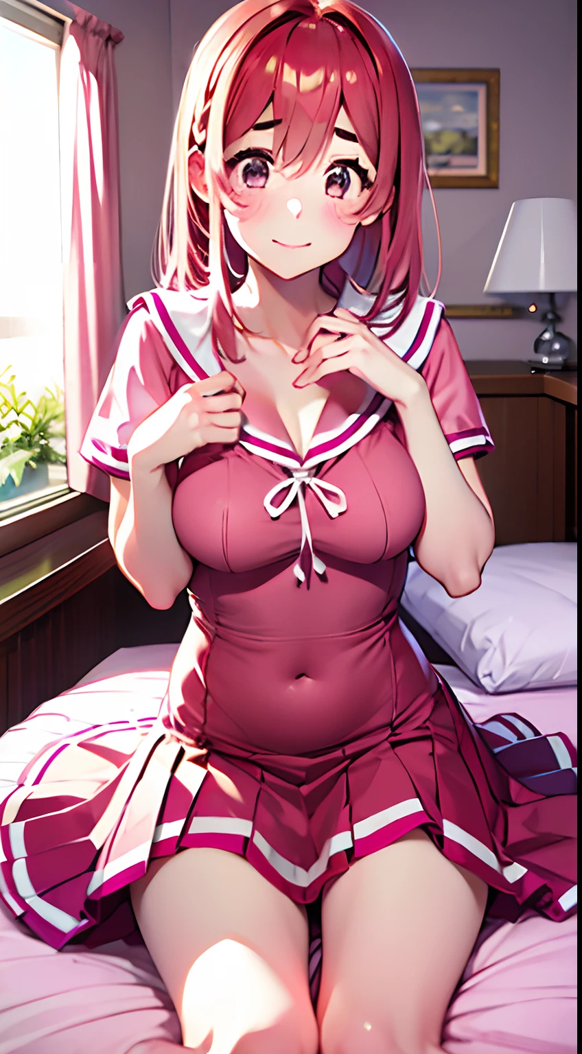 beautiful illustration、top-quality、Cute *********** s、bedroom、A pink-haired、length hair、(((Pink pleated skirt)))、(((pink sailor suit)))、shortsleeves、huge tit、a navel、Flipping up the skirt with your hands、Show white panties、Pull up your skirt and show your panties、bare-legged、red eyess、on the beds、lovely thighs、glowing thigh