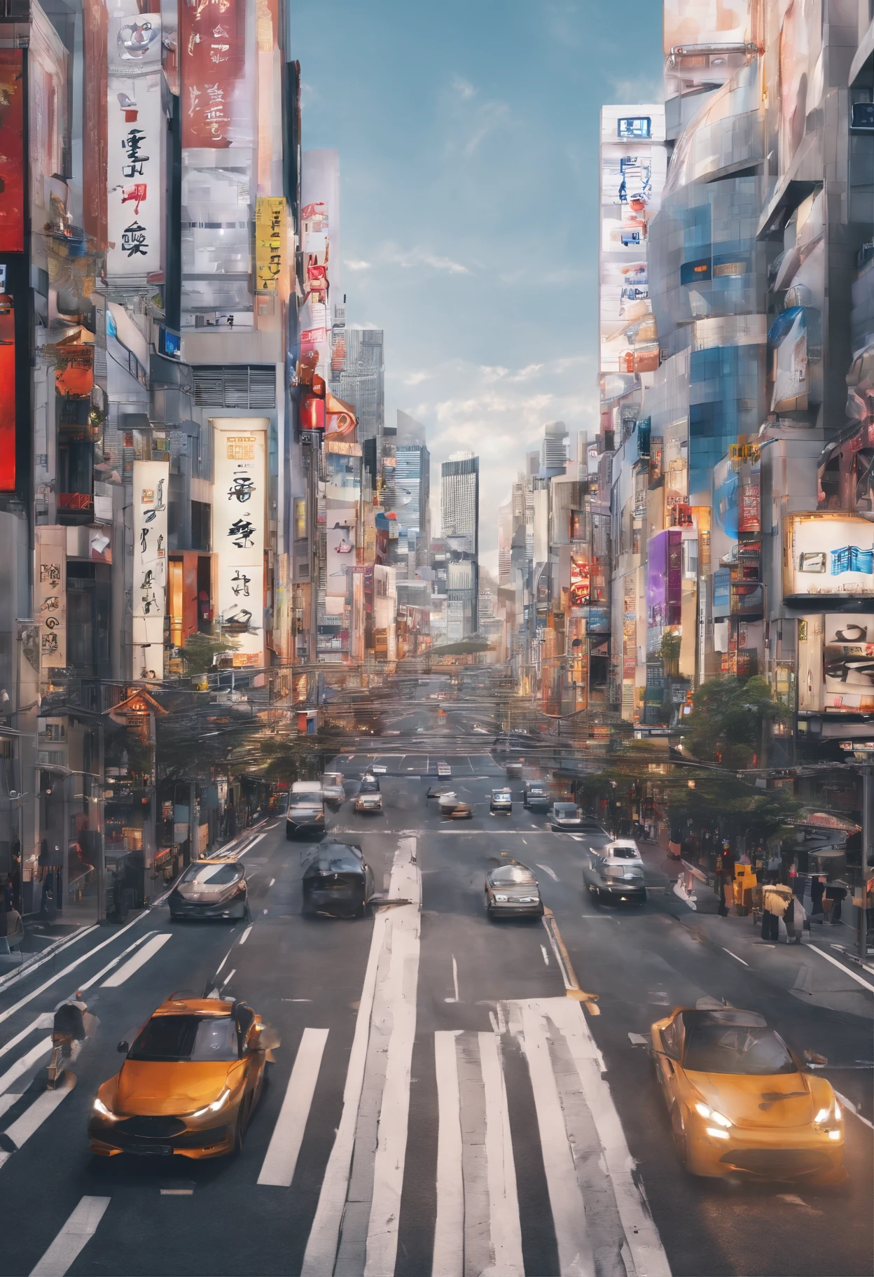 City of Japan、Scramble crossing、Shibuya、There are a lot of people、highrise buildings、a blond、Very short cut、18year old、Beautiful breasts、thin and beautiful legs、abdominals、piercings、Beautiful ass