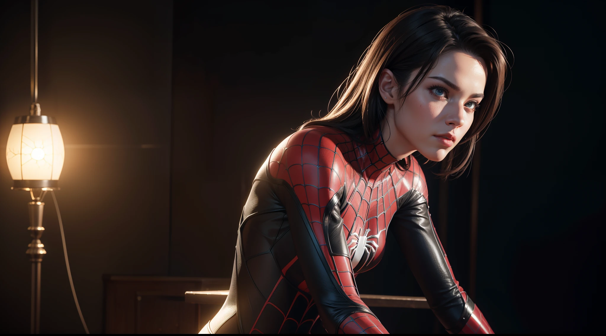 Spider-Woman, CGI with clear focus, Photorealistic, high detail, Realistic, Masterpiece, absurdress, Best Quality, HDR, hiquality, hight resolution, Extremely detailed, 8k wallpaper, intricate details, 8K UHD, Full-HD, (foto realista:1.2), Contrast, sharp lighting, Cinematic lighting, natural lighting, hard light, Backlighting, Global Illumination, Environment Occlusion