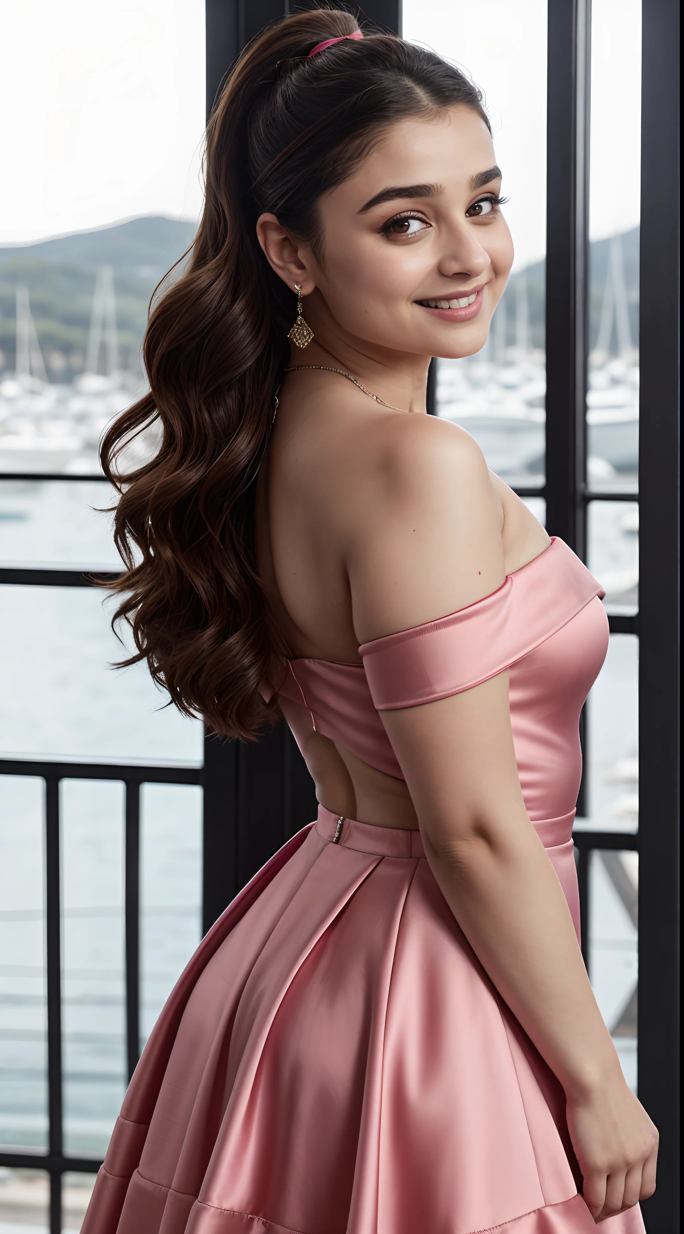 Alia Bhatt as fashion show, athletic curvy milf body, pink off-shoulder strapless satin gown, extreme deep cut neckline, exposing massive cleavage, thigh high boots, posing in cannes red carpet, sunny day scene, hourglass figure, big breasts, seductive face, erotic expression, look at a camera and smile, high ponytail hair, erotic adult face, 42 yo, bright lights, intricate details, (ArtStation:1.2)