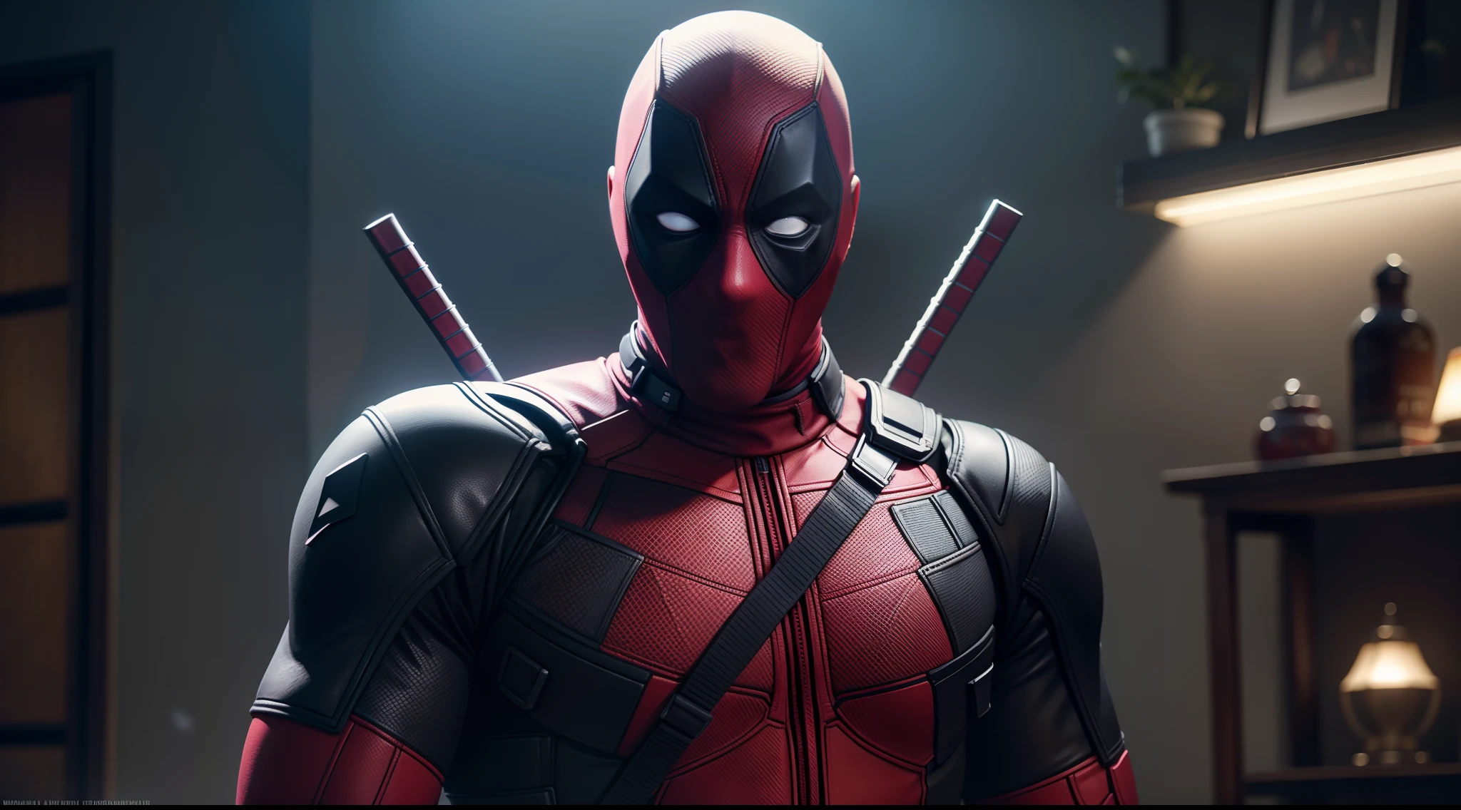 Deadpool, CGI with clear focus, Photorealistic, high detail, Realistic, Masterpiece, absurdress, Best Quality, HDR, hiquality, hight resolution, Extremely detailed, 8k wallpaper, intricate details, 8K UHD, Full-HD, (foto realista:1.2), Contrast, sharp lighting, Cinematic lighting, natural lighting, hard light, Backlighting, Global Illumination, Environment Occlusion