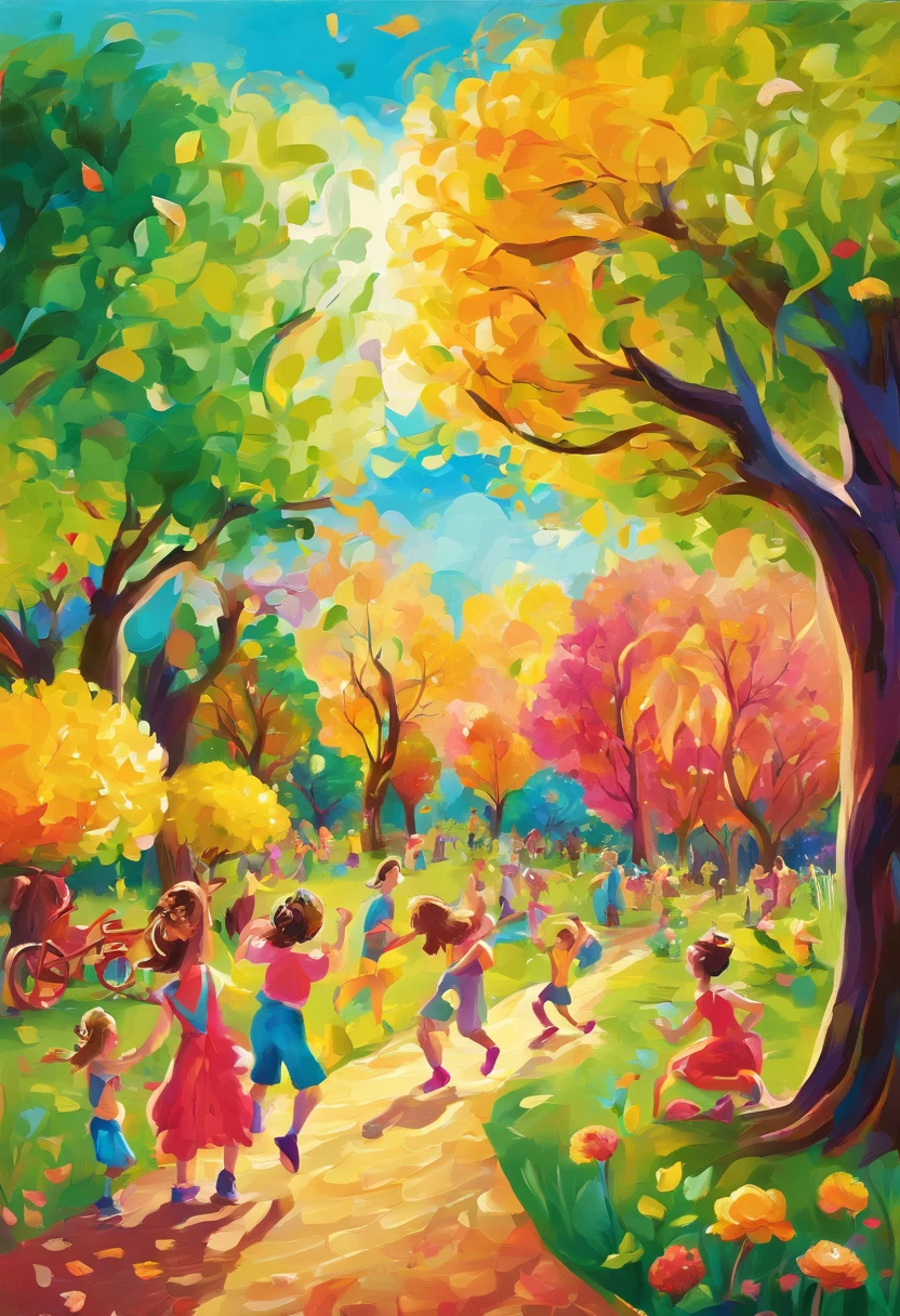 Imagine a scene from a sunny park in the middle of summer, with children playing happily in a colorful playground. The sky is clear and blue, and tall trees provide gentle shade for families who are picnicking. Birds are singing happily, And an ice cream maker is handing out ice cream of all colors and flavors to people who are cooling off under the sun. Crie uma obra de arte que capture a alegria e a energia positiva deste dia no parque, destacando as cores vibrantes, the radiant smiles and the feeling of happiness that permeates the environment