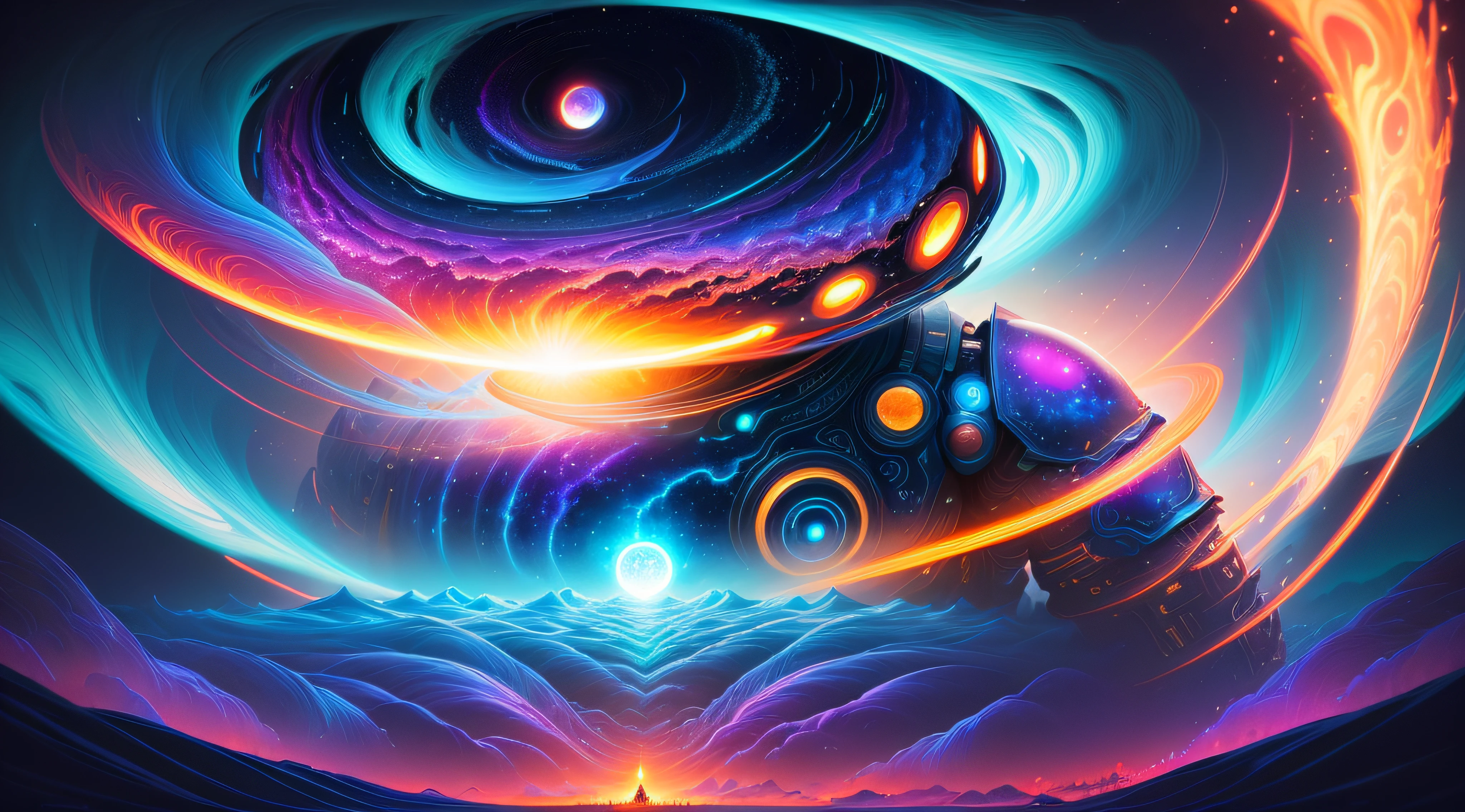 A giant armored warrior sitting on a sun shaped object in the sky and dreaming of electric blackholes, blurry and dreamy illustration, calm night. Digital illustration, Blurred and dreamlike illustration, Amédée Ozenfant, dreamlike illustration, in astral universe)) ), colorful universe surreal ethereal, in cosmic realm, in surreal dreamy landscape, light shadows, waves, multiple layers, Foreground, vista, fractal thunder Dan Mumford, Dan Mumford and Alex Gray style, psychedelic surreal art, surreal psychedelic design, fantasy art style, illusion psychedelic art, infinite psychedelic waves , inspired by Cyril Rolando, real ripple structure, psychedelic art style, psychedelic art, psychedelic illustration -- V6, colorful neon colors.
