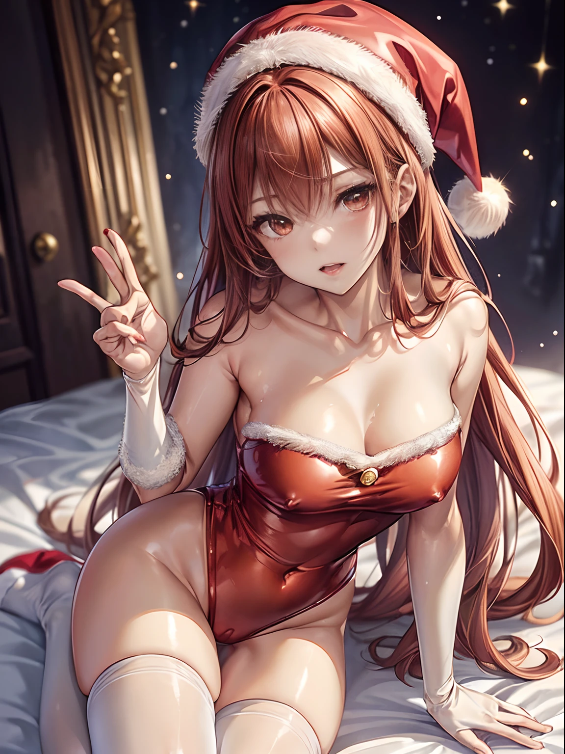 top-quality、Full limbs、complete fingers、Slender beauty、straight haired、Red hair、Beautiful Large Breasts、(Detailed ultra-oily shiny skin:1.1)、oily shiny thighhigh、(Perfect bright red Santa Claus leotard:1.3)、((White High Socks))、Wearing a Santa Claus hat、((Wearing a Santa Manto))、Beautiful、Open legs