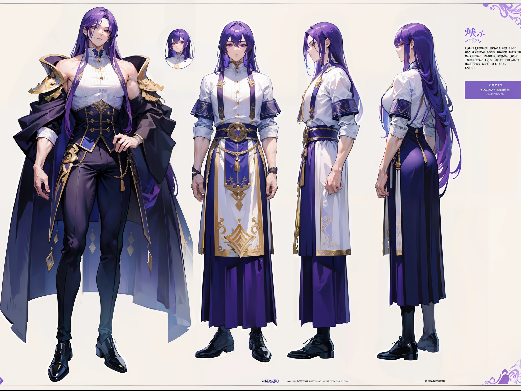 (Masterpiece, best quality), detailed, 1 man, ((character concept art)), ((character design sheet, same character, front, side, back)), full body, body complete, 1 Male, 1 Man, Detailed face, character design sheet，full bodyesbian, Highly detailed, character sheet, character design, Many parts, dark skin, angel wings, long purple hair, angel outfit, muscle male god, male clothes, masculine, muscle man, male muscle, manly, male angel, Muscle male with purple long hair，beautiful man, beatiful boy