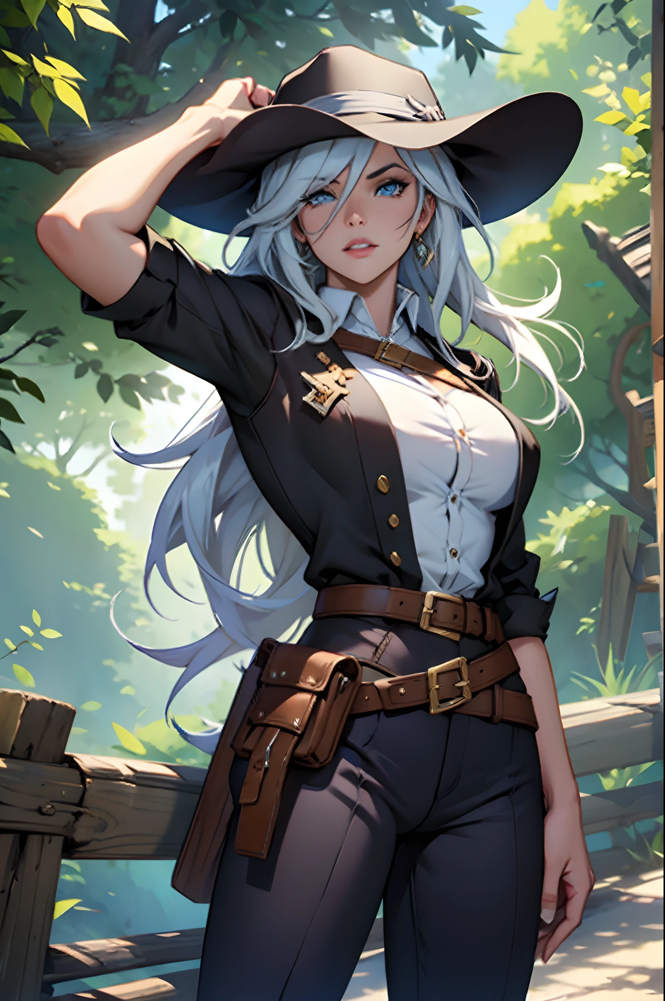 Perfect face, perfect hands. A young silver haired female cowboy with green eyes and an hourglass figure in a conservative and Gothic cowgirl outfit is  exploring an old mine with a big smile