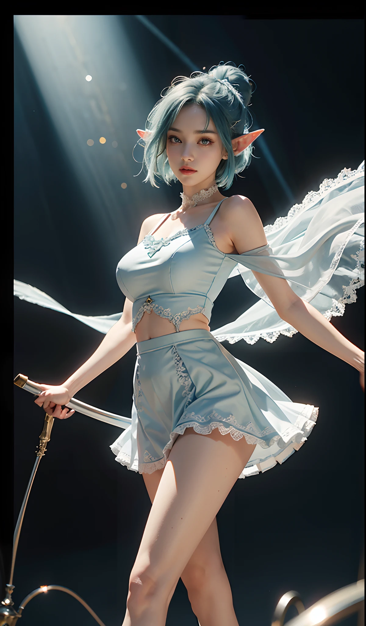 （Extremely normal body：2.0）Gorgeous stage：1 Elf beauty，White crop top top，(Elf long ears)，Light blue ultra-short hair，extra very short hair，A bun，Blue-lace-trimmed maxi dress)，Long blue dress，The skirt that reaches the feet，White short stockings，Ballet shoes，two longer legs，Normal feet ， very detailed eyes and faces， Sharp pupils， realistic pupil， tack sharp focus， cinmatic lighting，full bodyesbian，Bigboobs，long leges，From the front side，dynamicposes，Normal posture，closeup of face
