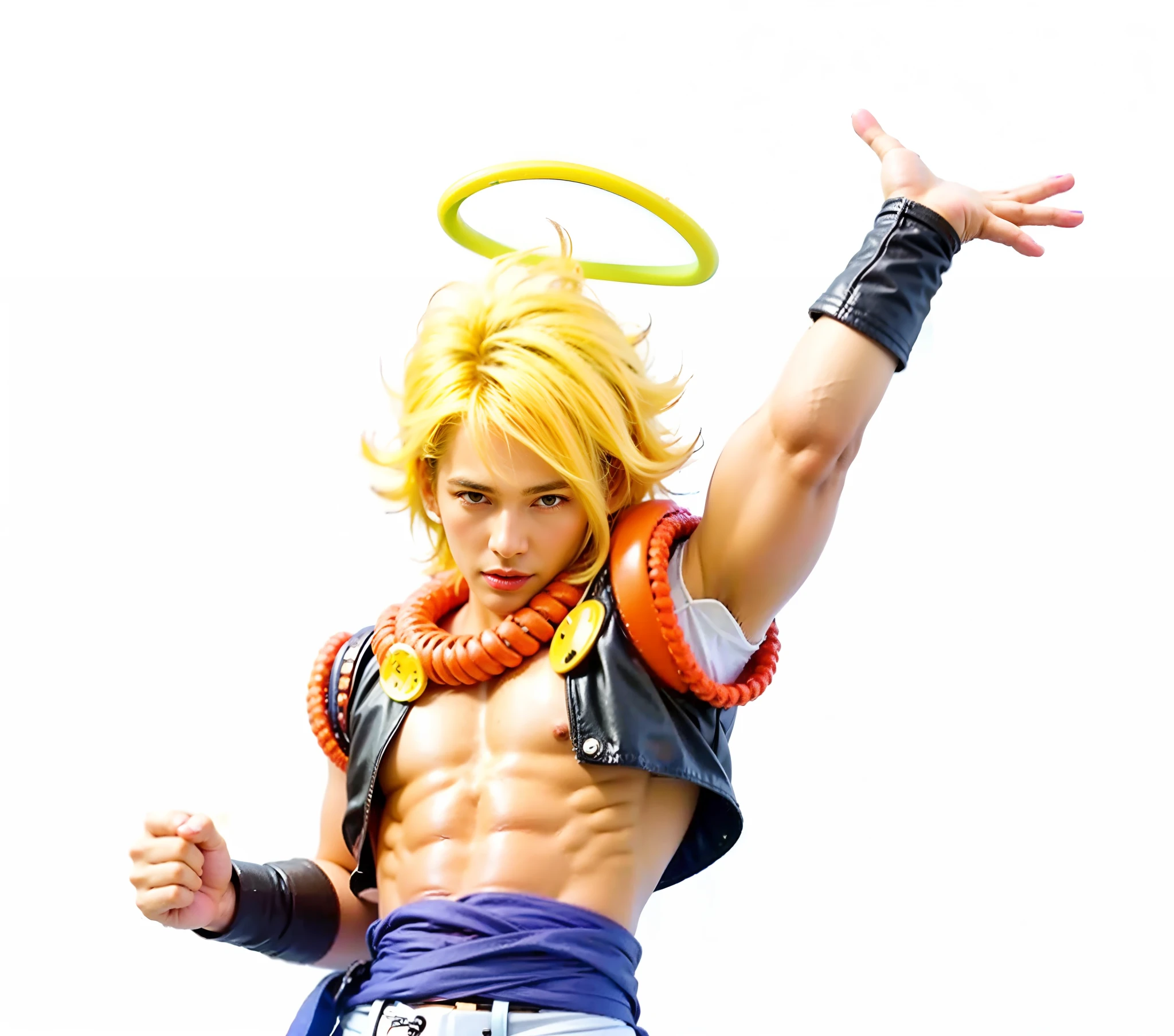 a male character, yellow hair, black leather vest with orange foam details, blue waist belt, black leather bracelet
