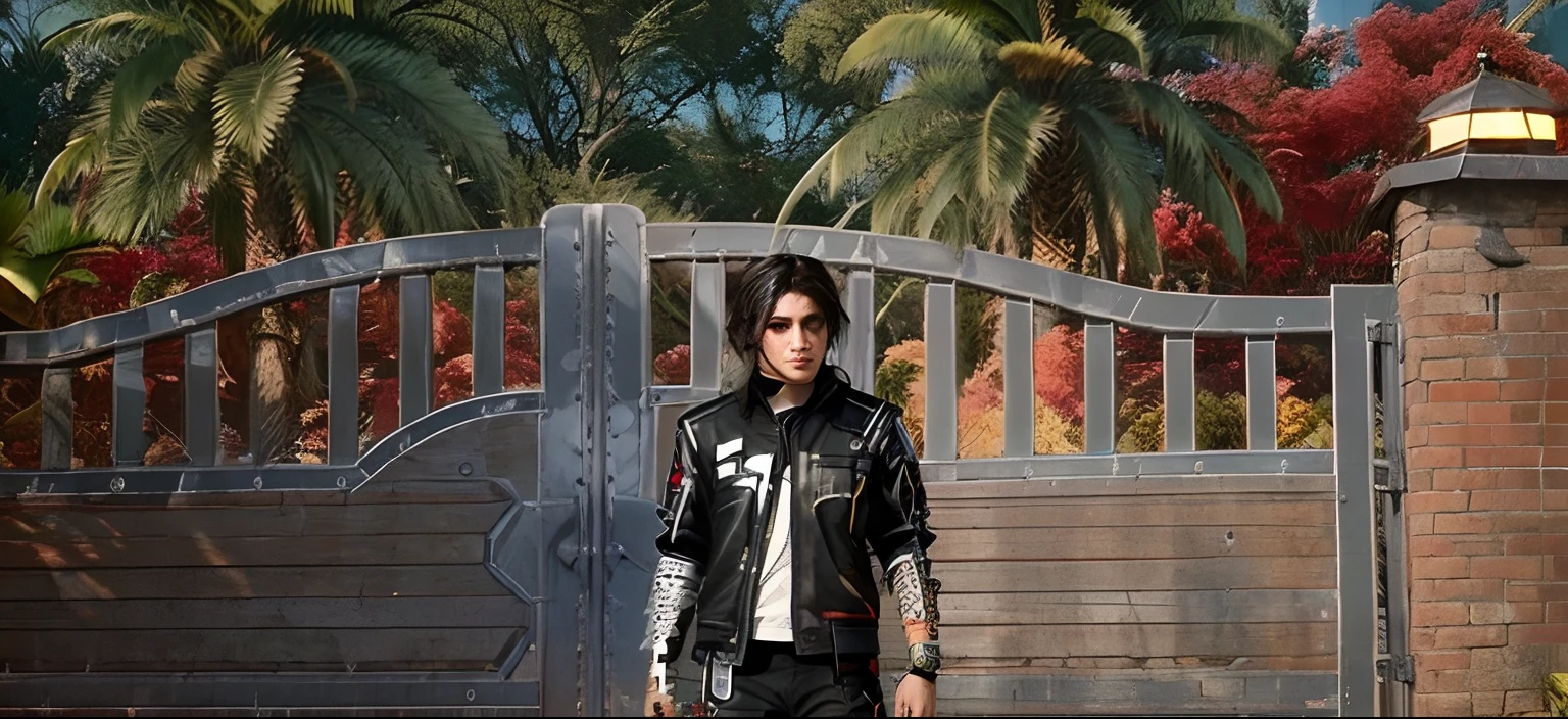 there is a man standing in front of a gate with a skateboard, cyber punk setting, in the style of sifu 🔥 😎 🕹️ 👀 :2, mechanic punk outfit, in game, highly aesthetic, wearing cyberpunk 2 0 7 7 jacket, realism artstyle, fashion gameplay screenshot, chrome outfit, badass look, highdetailed, wearing a fisher 🧥 realistic, high resolution