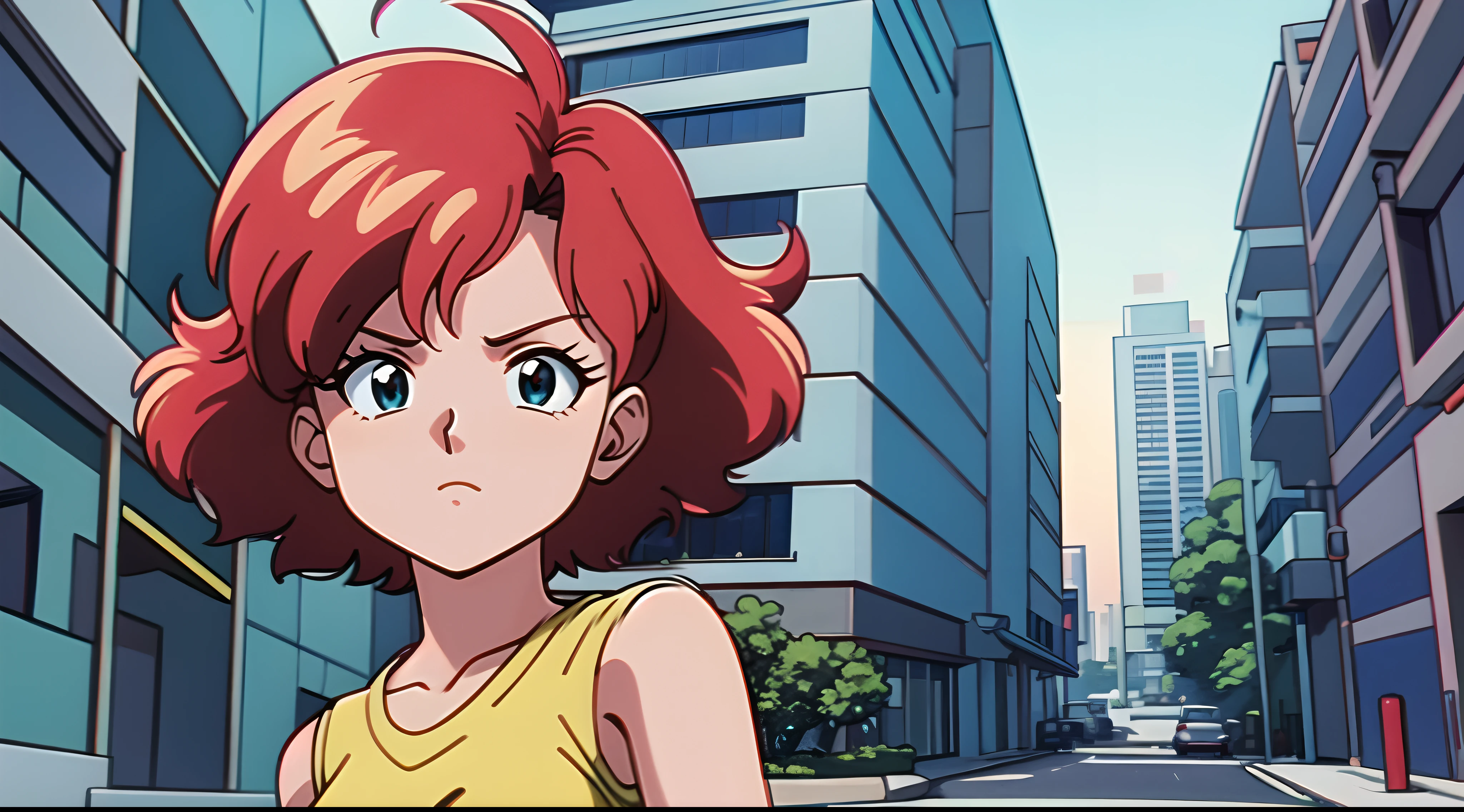 a woman with red hair and a green shirt in front of a building at night, menina lofi, 8 0 s vibe anime, anime vibes, Digital anime illustration, retro anime girl, menina anime sedutora, Elogio Artstyle, no estilo de arte do anime 8 0 s, estilo anime. 8k, arte digital do anime cyberpunk, estilo anime 4K, anime 4K.