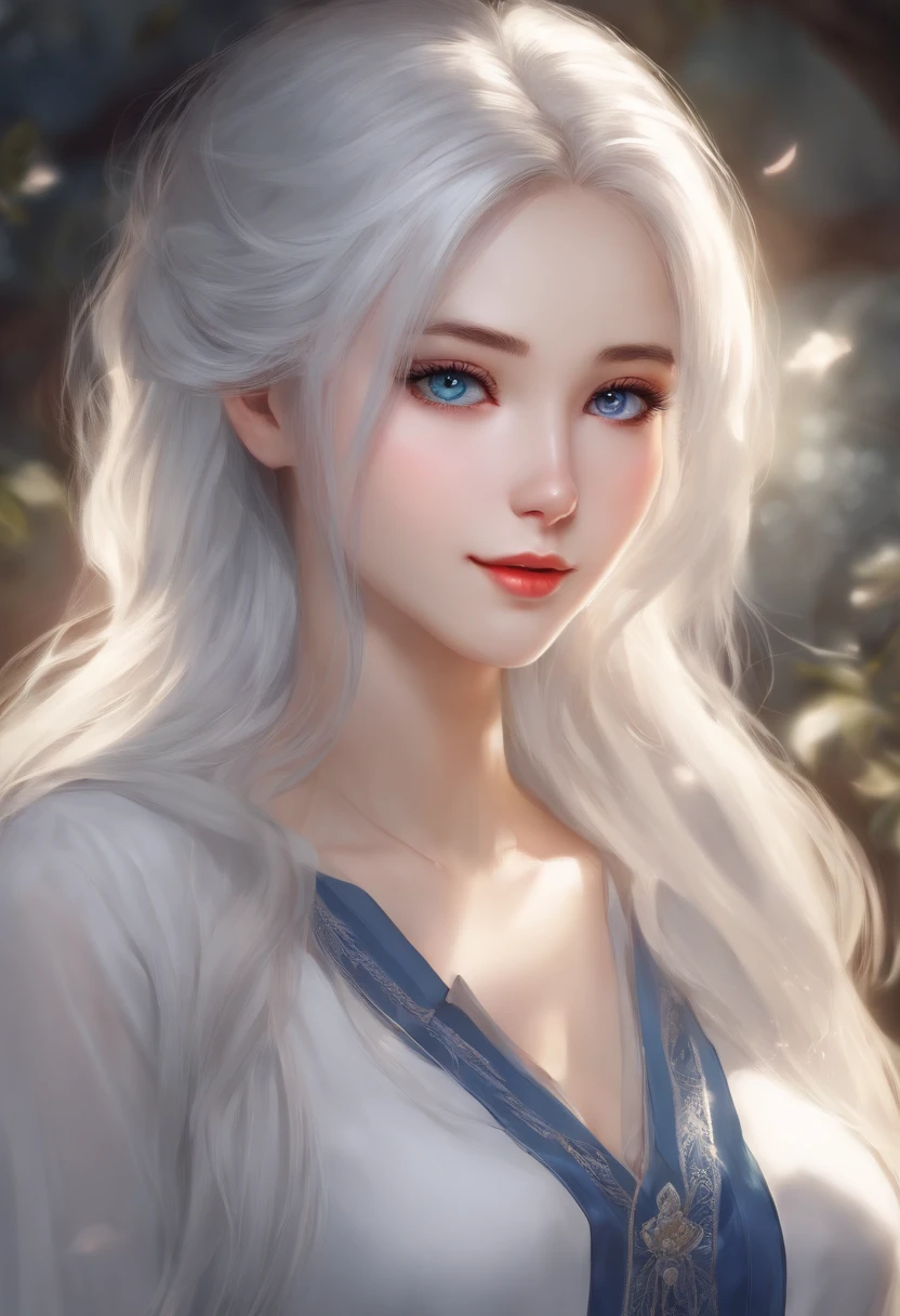 (best quality, highres, masterpiece:1.2), realistic, detailed,long, straight hair, beautiful blue eyes, slim, intelligent, lively girl in a blouse with white hair, anime style artwork, vivid colors, soft lighting