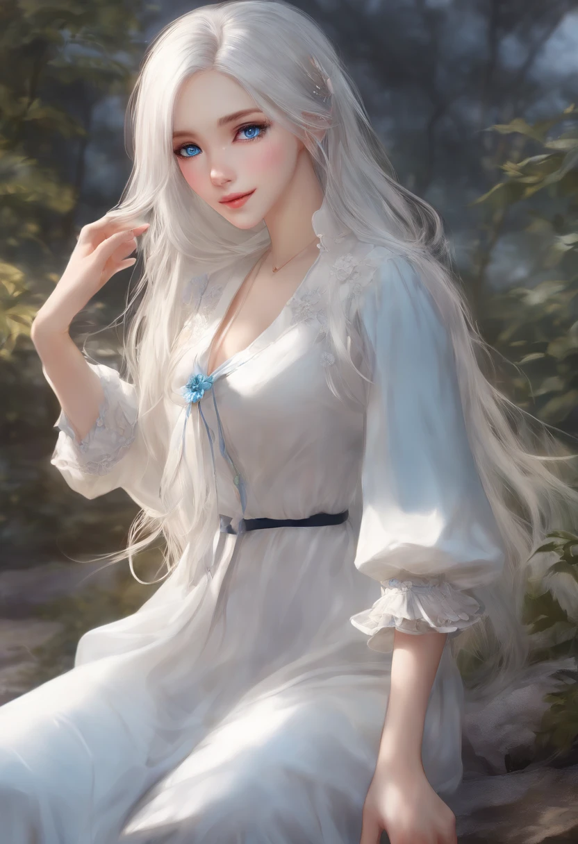 (best quality, highres, masterpiece:1.2), realistic, detailed,long, straight hair, beautiful blue eyes, slim, intelligent, lively girl in a blouse with white hair, anime style artwork, vivid colors, soft lighting