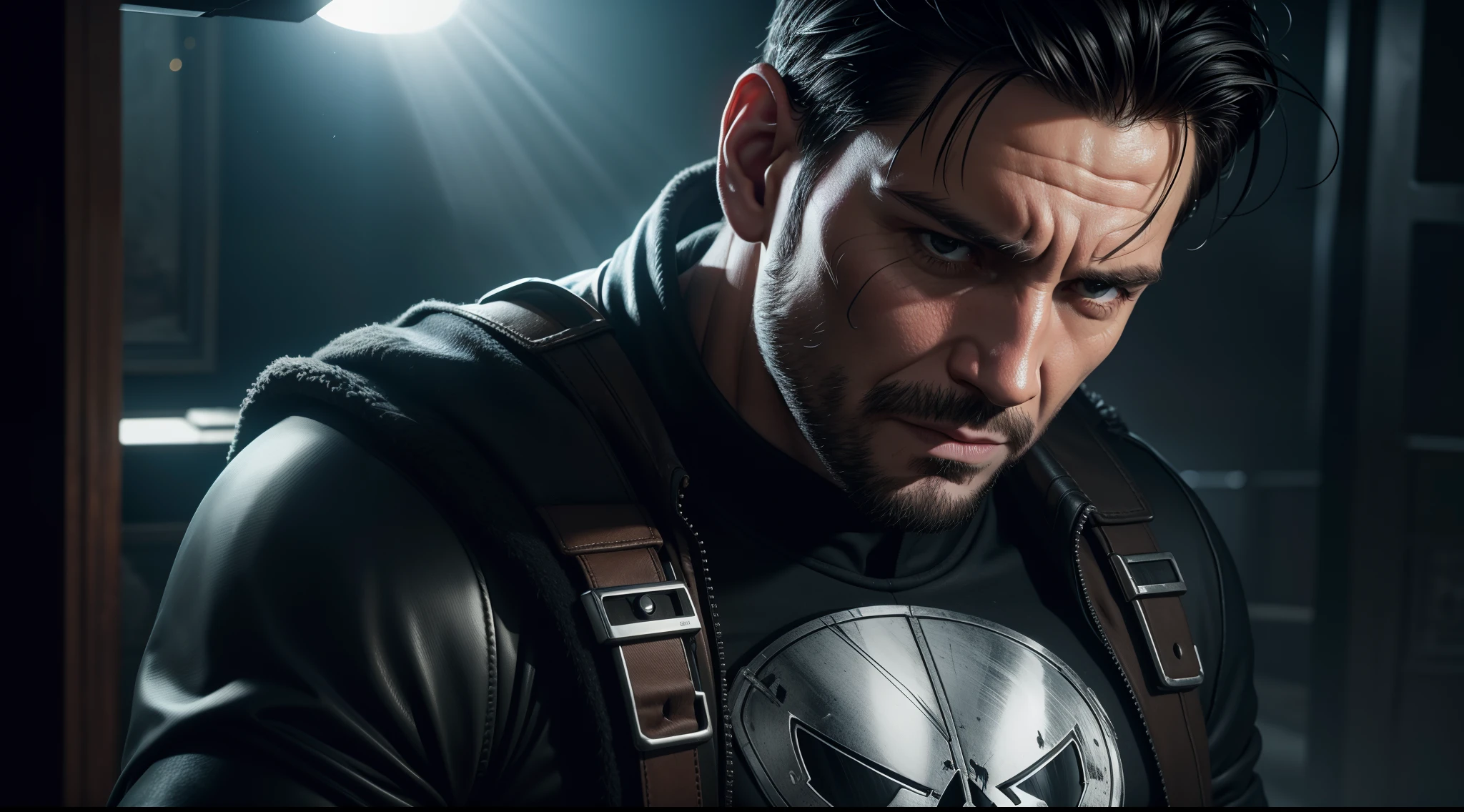 Punisher, CGI with clear focus, Photorealistic, high detail, Realistic, Masterpiece, absurdress, Best Quality, HDR, hiquality, hight resolution, Extremely detailed, 8k wallpaper, intricate details, 8K UHD, Full-HD, (foto realista:1.2), Contrast, sharp lighting, Cinematic lighting, natural lighting, hard light, Backlighting, Global Illumination, Environment Occlusion