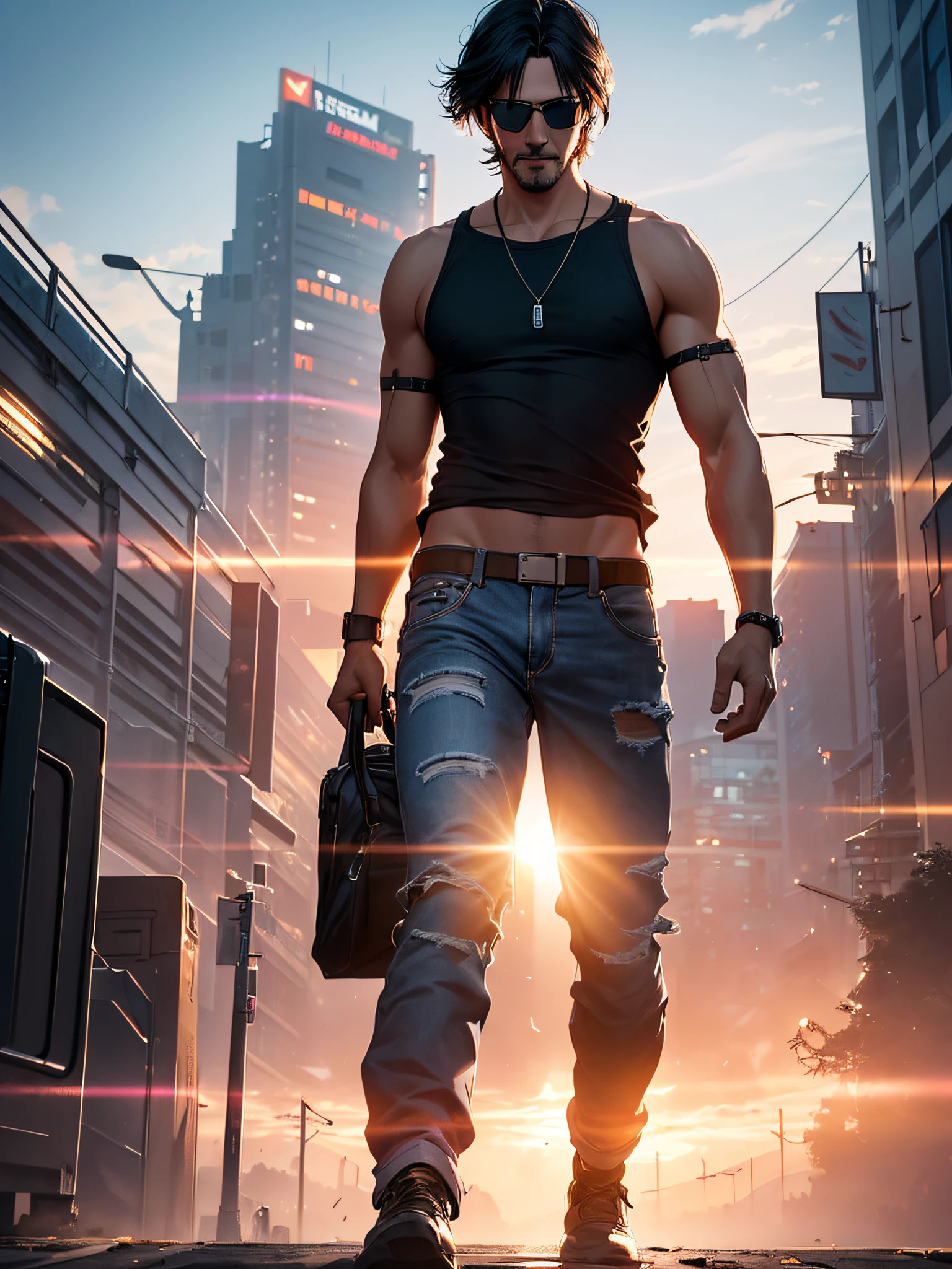 Keanu Reaves with sunglasses, mechanized arms, black tank top with rips, jeans, cyberpunk body, full body, BREAK, leaning against a railing on a road with luminous buildings, (ultra-realistic), {CG unity wallpaper extremely detailed 8k image}, expansive landscape photography, (a centered view that prioritizes the character and the setting, (wide open field view), (low angle photo), (high light: 1.5), (low light: 1.5), (low light: 1.5), (warm light source: 1.5), complex details, (iridescent colors: 1.2), (bright lighting), (atmospheric lighting), surrealistic, dreamy, futuristic, photography