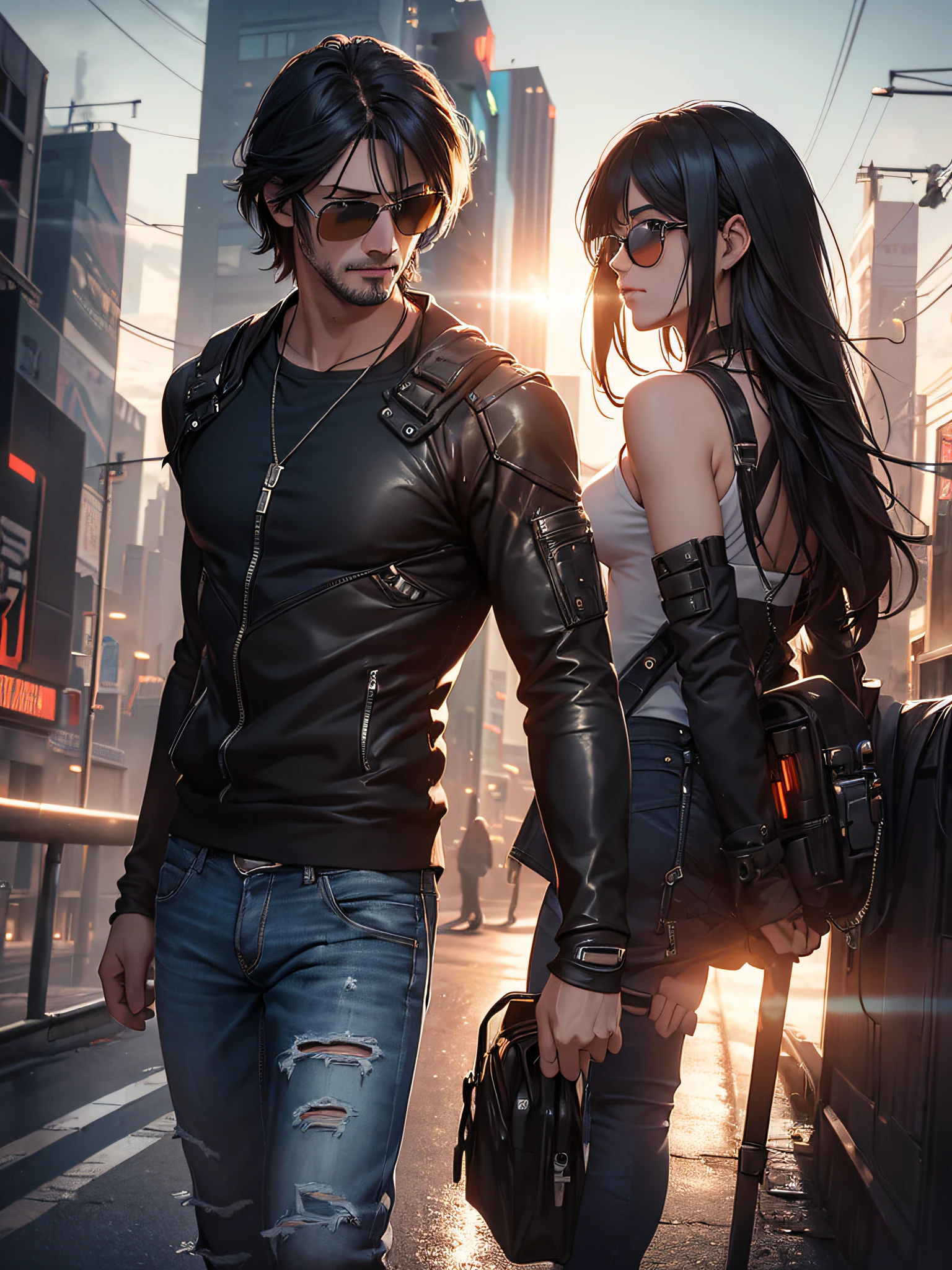 Keanu Reaves with sunglasses, mechanized arms, black tank top with rips, jeans, cyberpunk body, full body, BREAK, leaning against a railing on a road with luminous buildings, (ultra-realistic), {CG unity wallpaper extremely detailed 8k image}, expansive landscape photography, (a centered view that prioritizes the character and the setting, (wide open field view), (low angle photo), (high light: 1.5), (low light: 1.5), (low light: 1.5), (warm light source: 1.5), complex details, (iridescent colors: 1.2), (bright lighting), (atmospheric lighting), surrealistic, dreamy, futuristic, photography