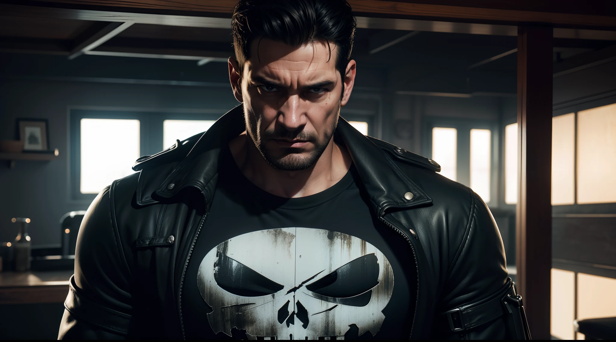 Punisher, CGI with clear focus, Photorealistic, high detail, Realistic, Masterpiece, absurdress, Best Quality, HDR, hiquality, hight resolution, Extremely detailed, 8k wallpaper, intricate details, 8K UHD, Full-HD, (foto realista:1.2), Contrast, sharp lighting, Cinematic lighting, natural lighting, hard light, Backlighting, Global Illumination, Environment Occlusion