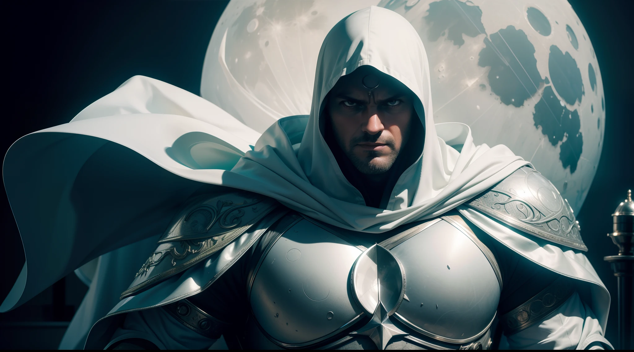 Moon Knight, CGI with clear focus, Photorealistic, high detail, Realistic, Masterpiece, absurdress, Best Quality, HDR, hiquality, hight resolution, Extremely detailed, 8k wallpaper, intricate details, 8K UHD, Full-HD, (foto realista:1.2), Contrast, sharp lighting, Cinematic lighting, natural lighting, hard light, Backlighting, Global Illumination, Environment Occlusion
