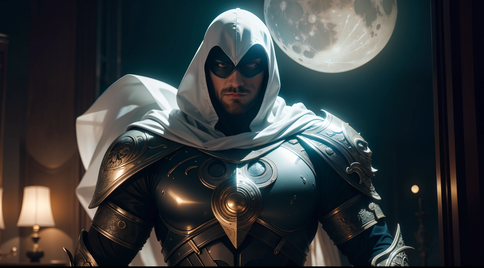 Moon Knight, CGI with clear focus, Photorealistic, high detail, Realistic, Masterpiece, absurdress, Best Quality, HDR, hiquality, hight resolution, Extremely detailed, 8k wallpaper, intricate details, 8K UHD, Full-HD, (foto realista:1.2), Contrast, sharp lighting, Cinematic lighting, natural lighting, hard light, Backlighting, Global Illumination, Environment Occlusion