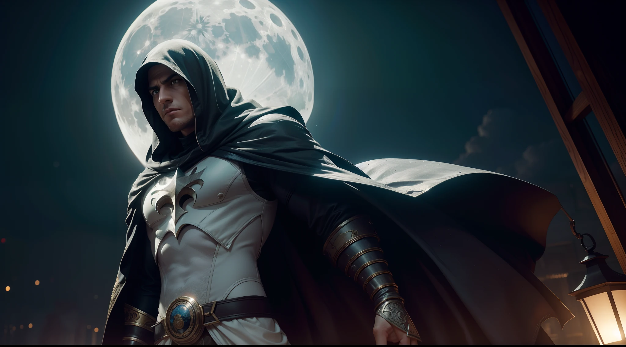 Moon Knight, CGI with clear focus, Photorealistic, high detail, Realistic, Masterpiece, absurdress, Best Quality, HDR, hiquality, hight resolution, Extremely detailed, 8k wallpaper, intricate details, 8K UHD, Full-HD, (foto realista:1.2), Contrast, sharp lighting, Cinematic lighting, natural lighting, hard light, Backlighting, Global Illumination, Environment Occlusion