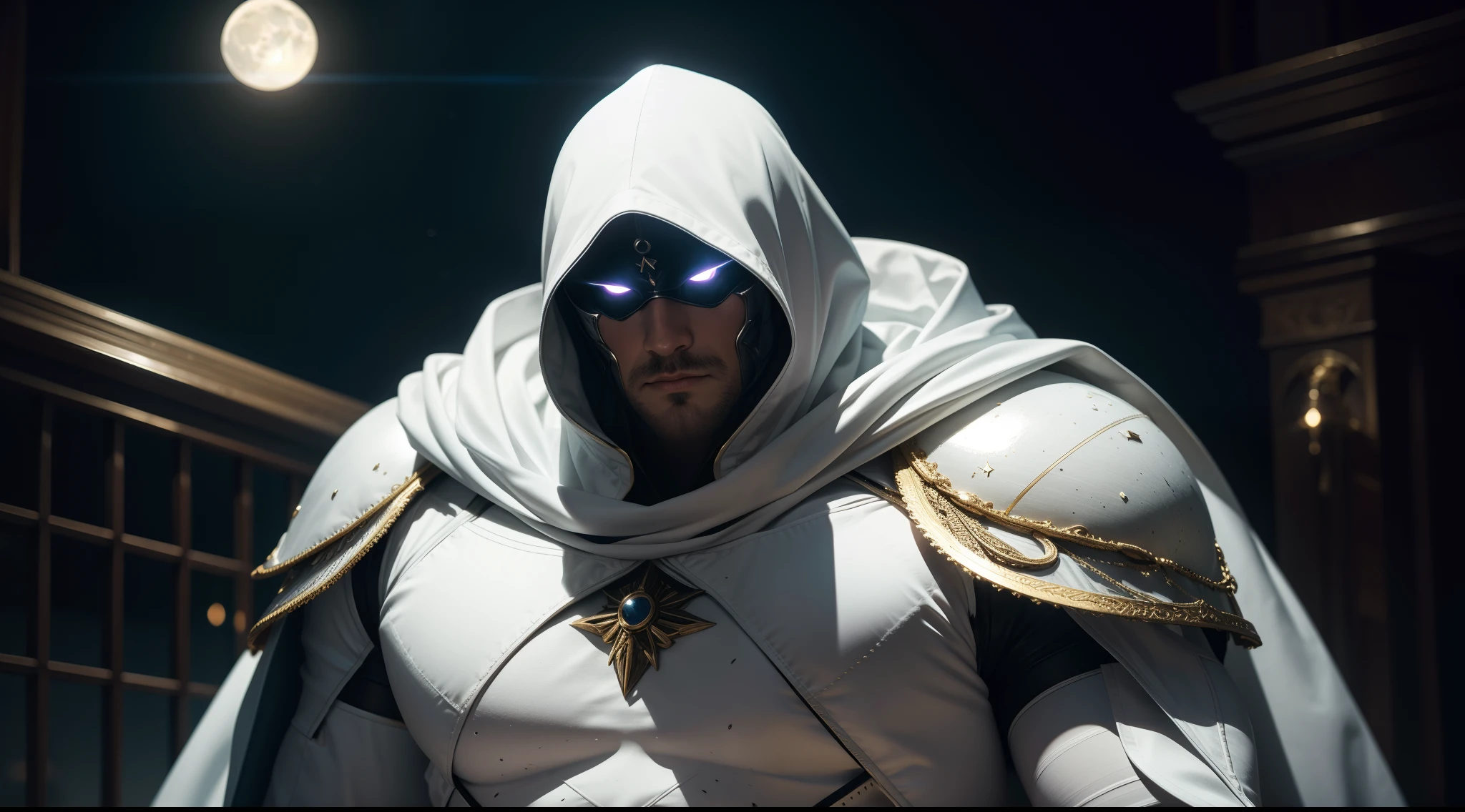 Moon Knight, CGI with clear focus, Photorealistic, high detail, Realistic, Masterpiece, absurdress, Best Quality, HDR, hiquality, hight resolution, Extremely detailed, 8k wallpaper, intricate details, 8K UHD, Full-HD, (foto realista:1.2), Contrast, sharp lighting, Cinematic lighting, natural lighting, hard light, Backlighting, Global Illumination, Environment Occlusion