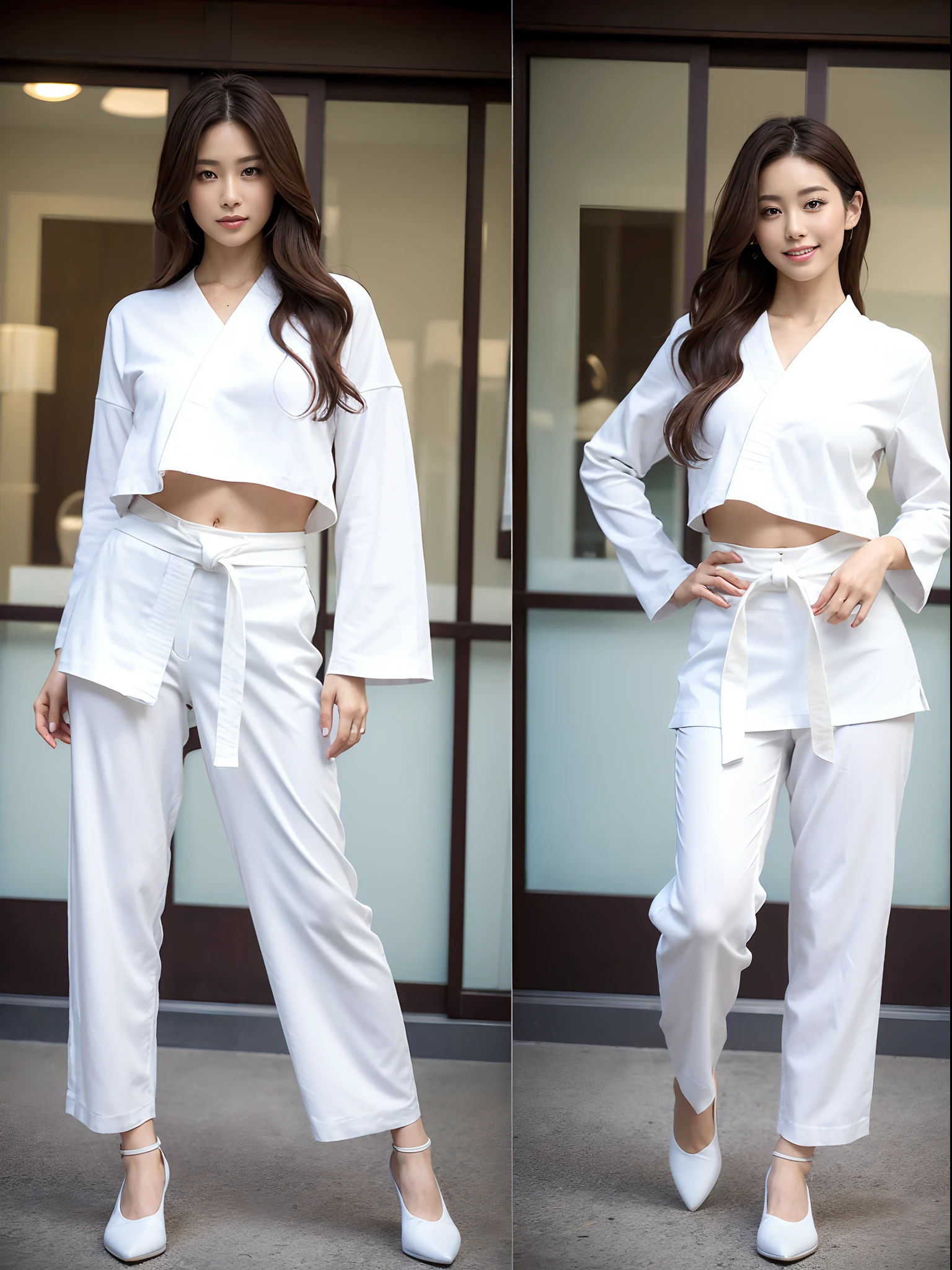 (Photorealsitic)Beautuful Women, (8K Beauty Full Body Portrait), Stand alone, White karate uniform with no stomach visible, White karate pants, 17 age, Perfect facial detail, attractive beautiful face, 二重まぶた, Beautiful detailed eyes, long eyeslashes, (Smile: 1.15), ligh brown hair, Hair that does not fall on the shoulders, TOKYOcty,1 female, Toned waist, Beautiful thin legs, toned ankles, bare-legged ,