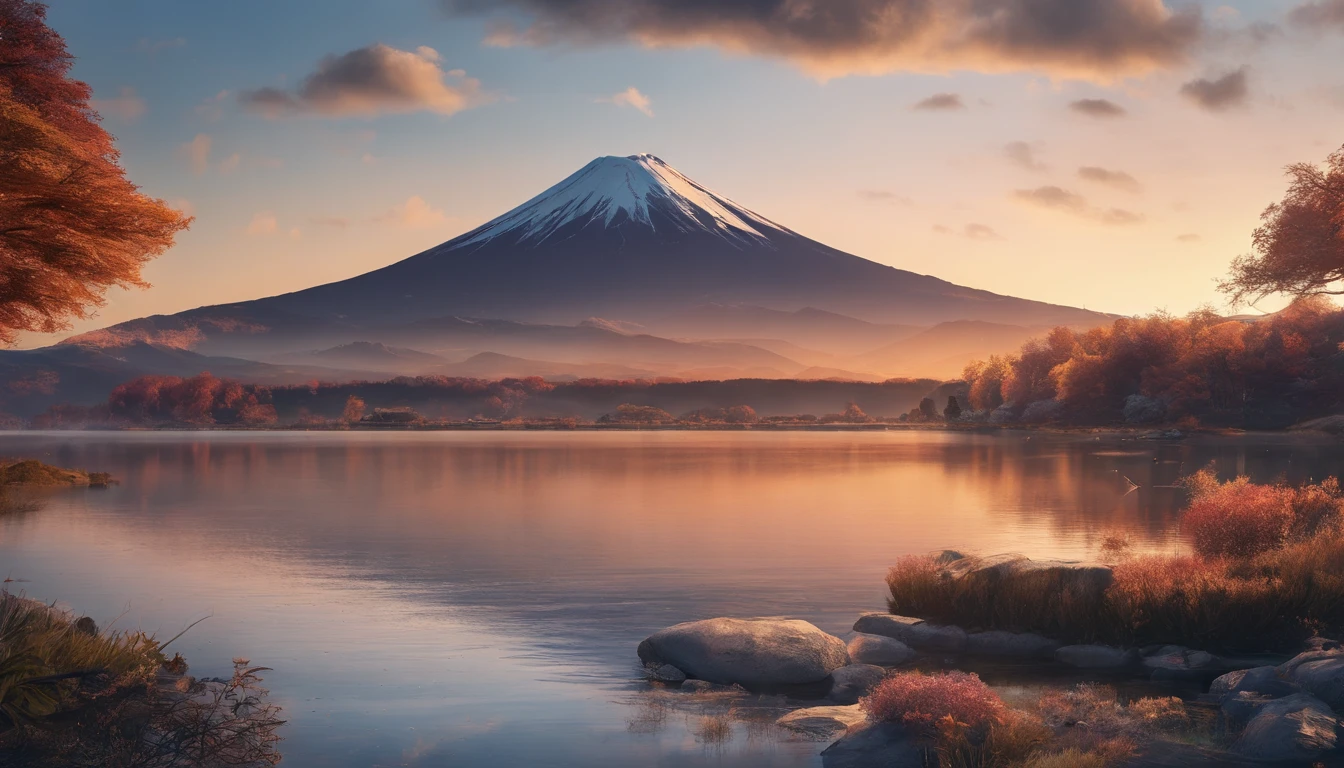 Master Parts、Superior Quality、superior image quality、The 8k quality、Beautiful photos of sunrise、Magic Hour Photos、magnifica、Mt fuji、Blue glowing lake:1.9