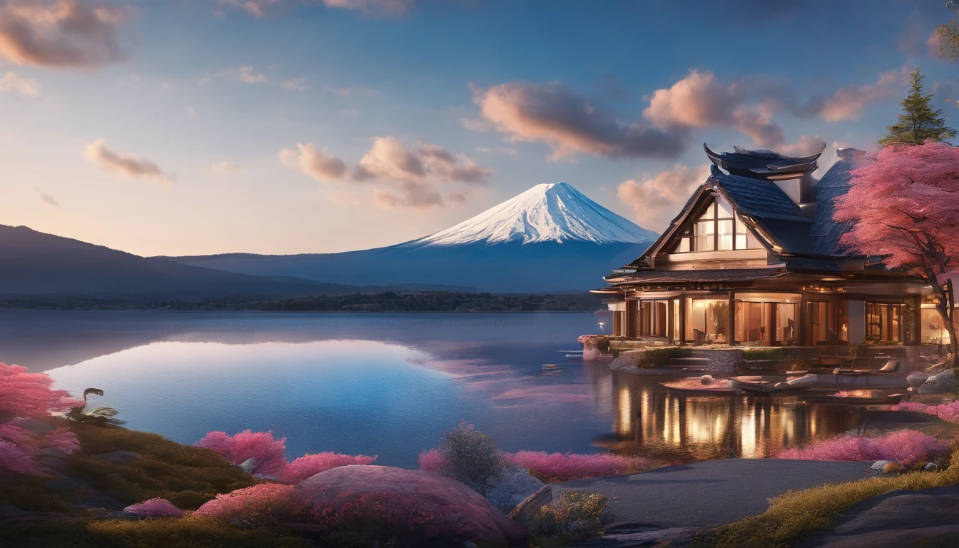 Master Parts、Superior Quality、superior image quality、The 8k quality、Beautiful photos of sunrise、Magic Hour Photos、magnifica、Mt fuji、Blue glowing lake:1.9